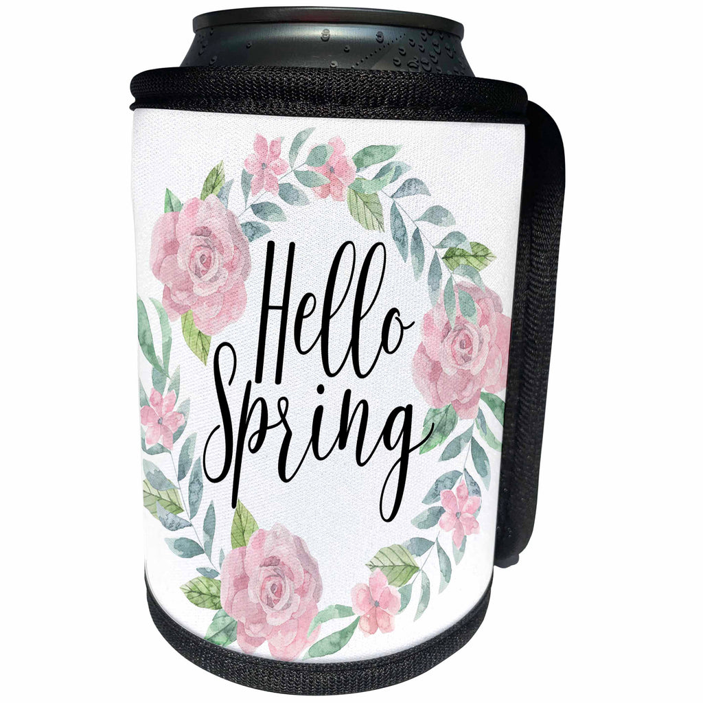 3dRose Anne Marie Baugh - Quotes - Pink and Blue Floral Wreath with Hello Spring - Can Cooler Bottle Wrap (cc_254907)