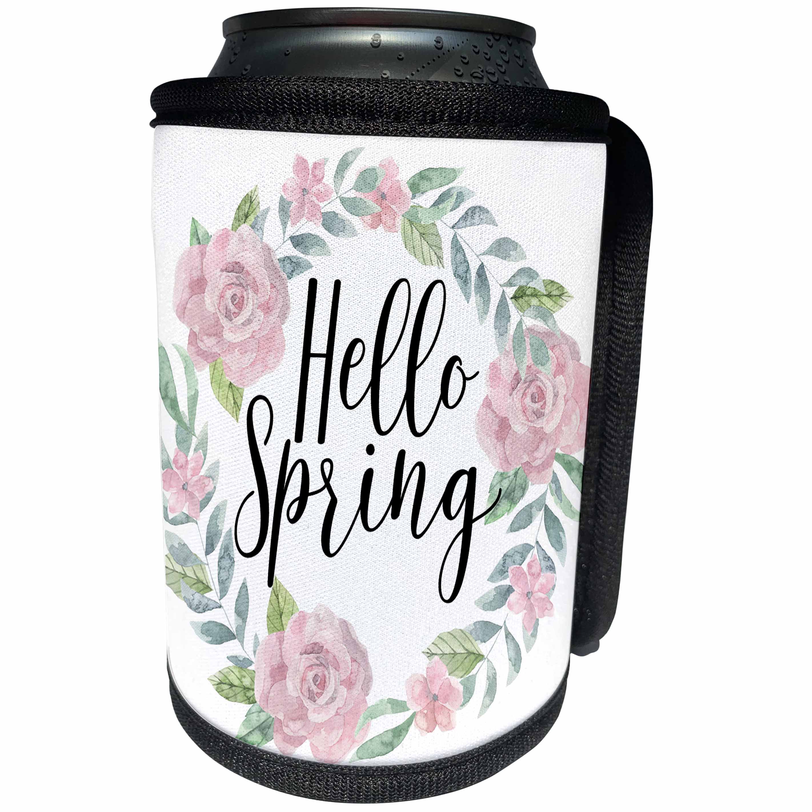 3dRose Anne Marie Baugh - Quotes - Pink and Blue Floral Wreath with Hello Spring - Can Cooler Bottle Wrap (cc_254907)