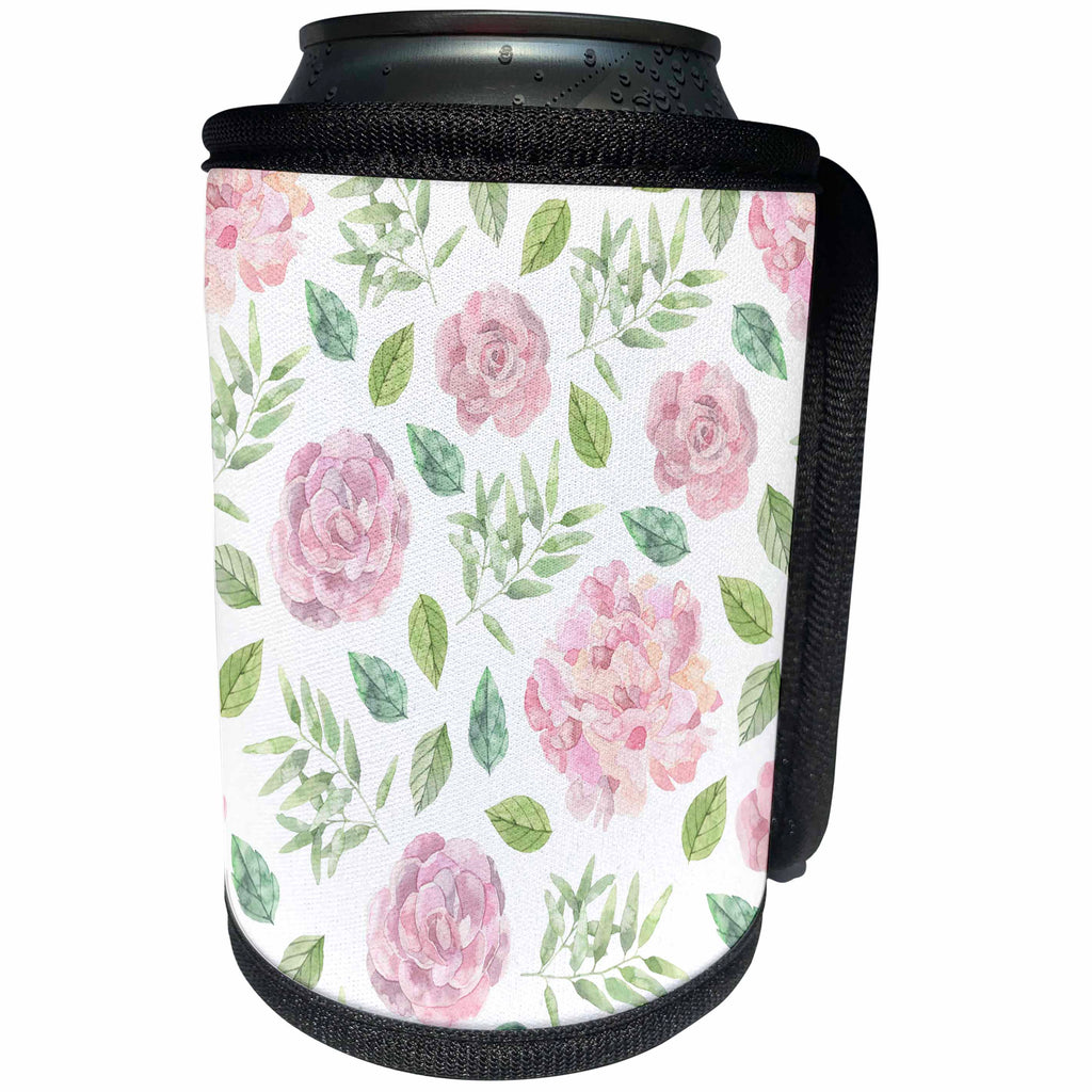 3dRose Anne Marie Baugh - Patterns - Pink and Green Watercolor Flower Pattern - Can Cooler Bottle Wrap (cc_254908)