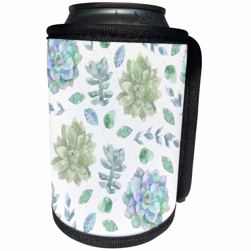 3dRose Anne Marie Baugh - Patterns - Pretty Blue and Green Watercolor Succulent Flower Pattern - Can Cooler Bottle Wrap (cc_254909)