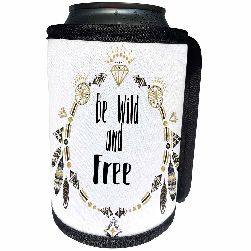3dRose Anne Marie Baugh - Quotes - Be Wild and Free Diamond and Feathers Tribal Wreath Illustration - Can Cooler Bottle Wrap (cc_254910)
