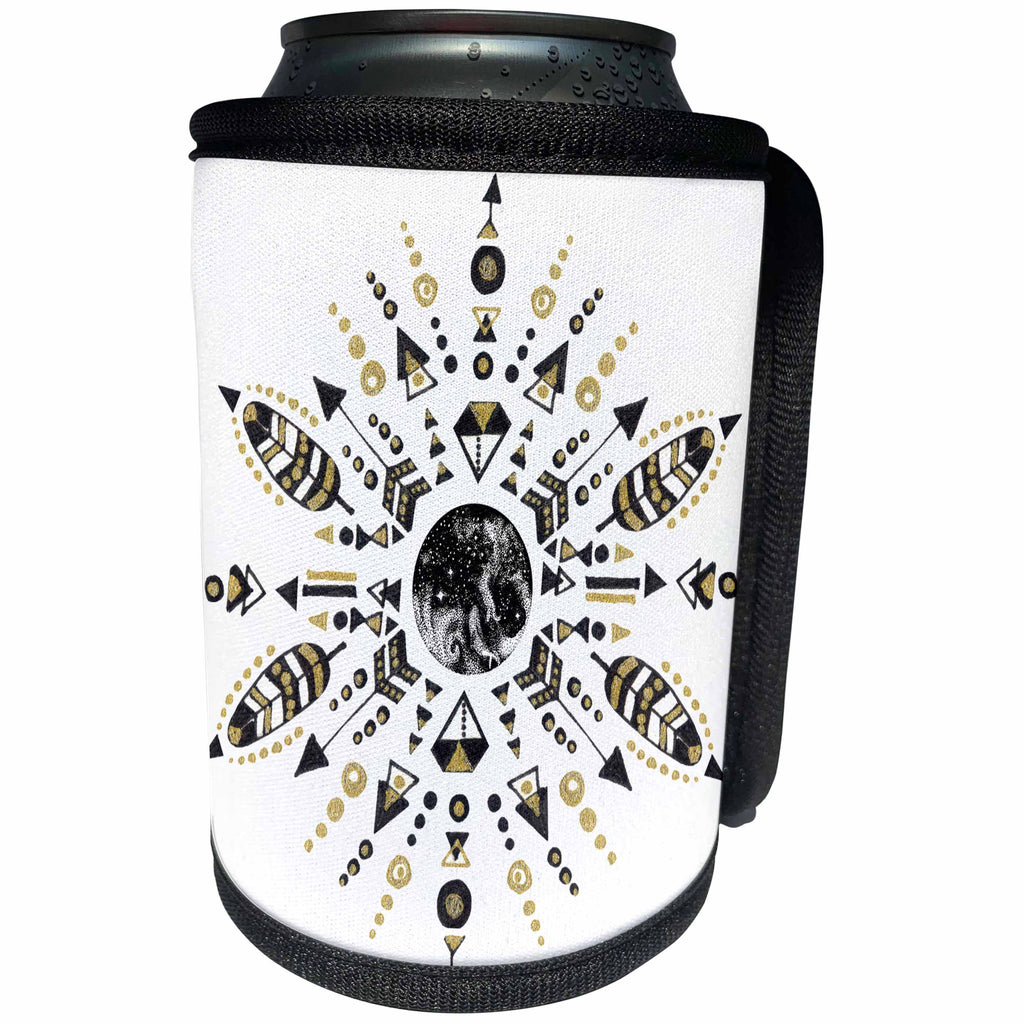 3dRose Anne Marie Baugh - Illustrations - Boho Pretty Black and Yellow Feathers and Jewels Star Illustration - Can Cooler Bottle Wrap (cc_254913)