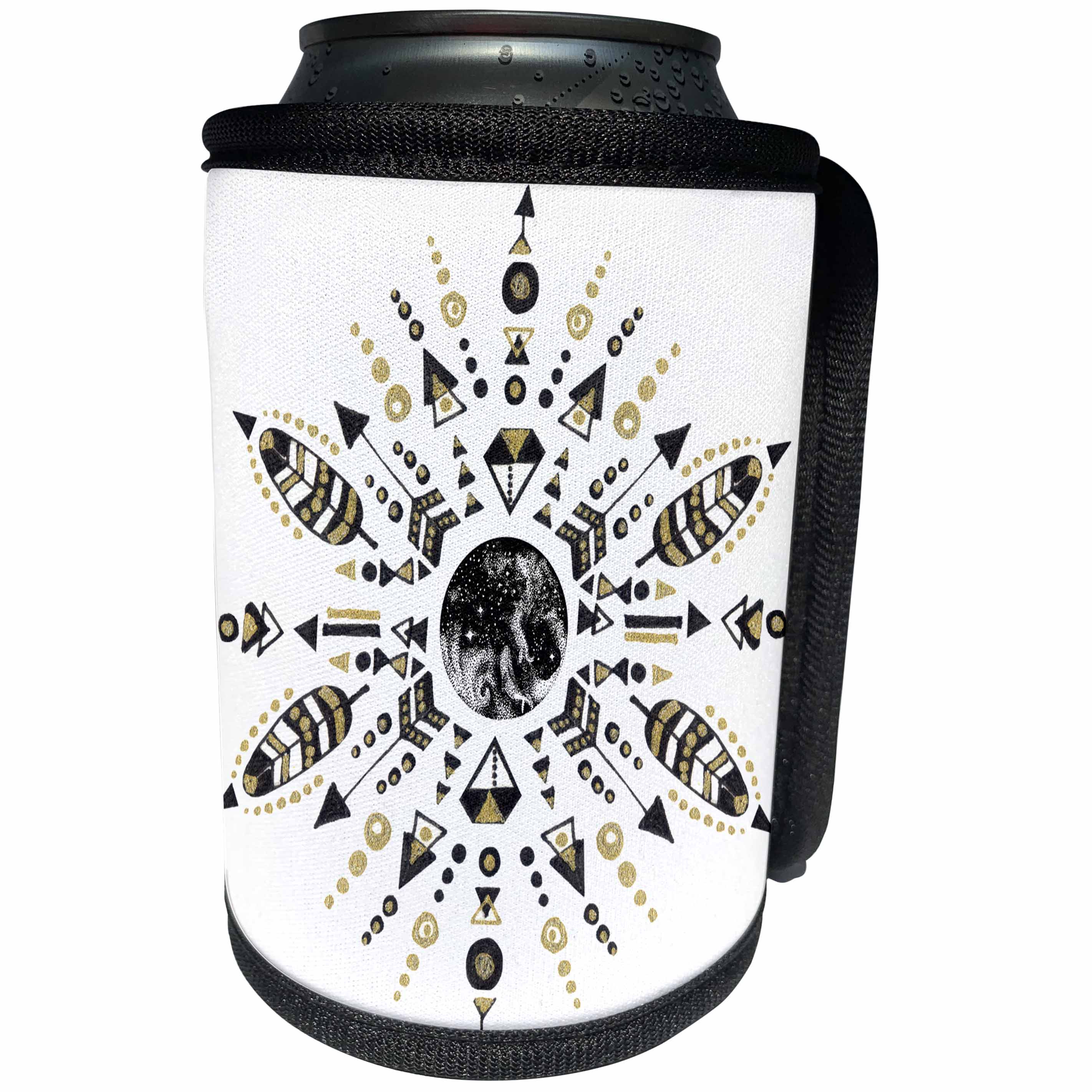 3dRose Anne Marie Baugh - Illustrations - Boho Pretty Black and Yellow Feathers and Jewels Star Illustration - Can Cooler Bottle Wrap (cc_254913)