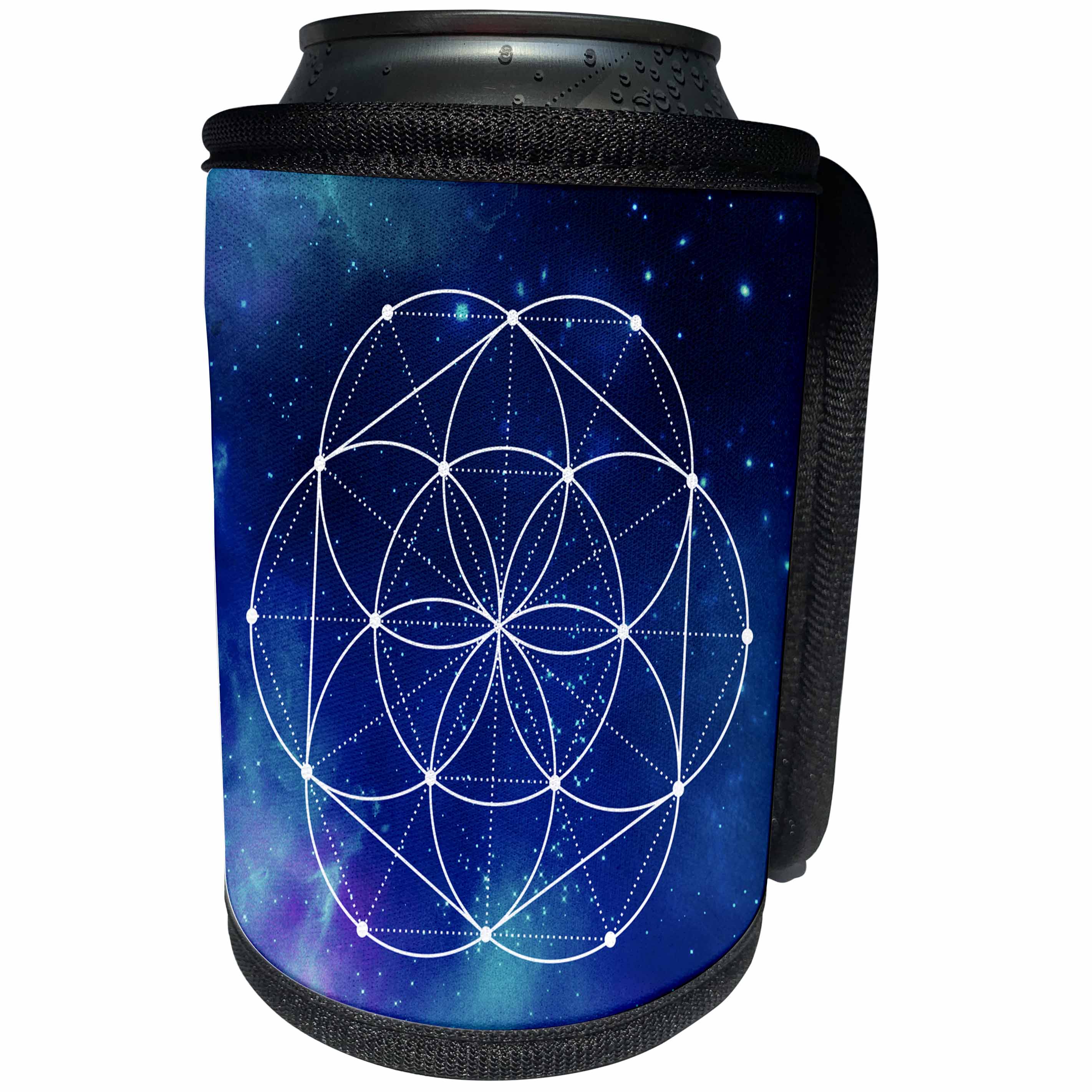3dRose Anne Marie Baugh - Sacred Geometry - Sacred Circles Flower Geometry On A Brilliant Blue Galaxy Background - Can Cooler Bottle Wrap (cc_254916)