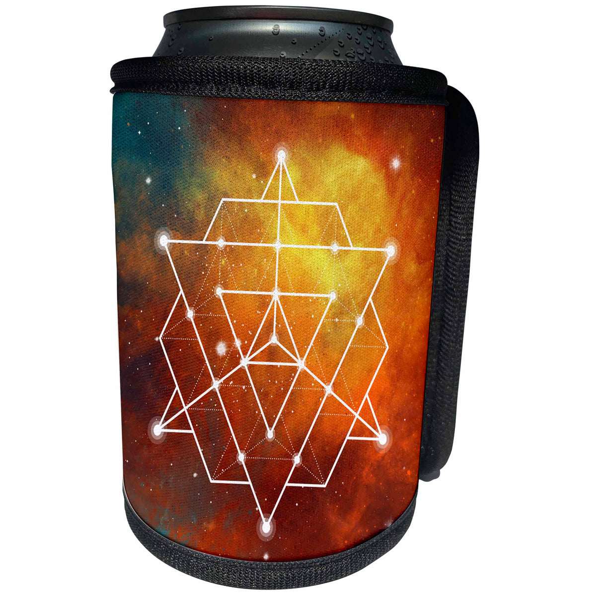3dRose Anne Marie Baugh - Sacred Geometry - Sacred Triangles Geometry On A Bright Orange Galaxy Background - Can Cooler Bottle Wrap (cc_254918)