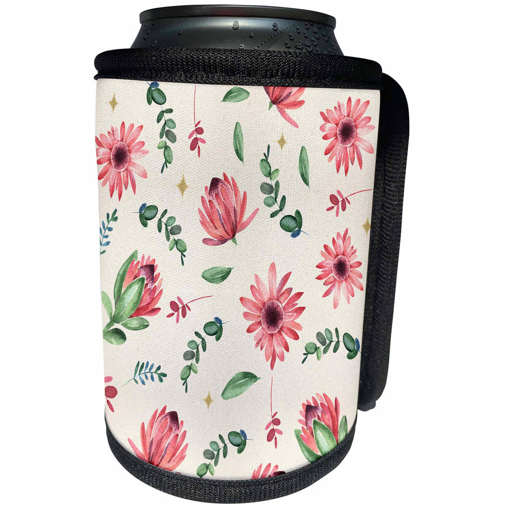 3dRose Anne Marie Baugh - Patterns - Pink and Green Watercolor Daisy and Leaves Pattern - Can Cooler Bottle Wrap (cc_254922)
