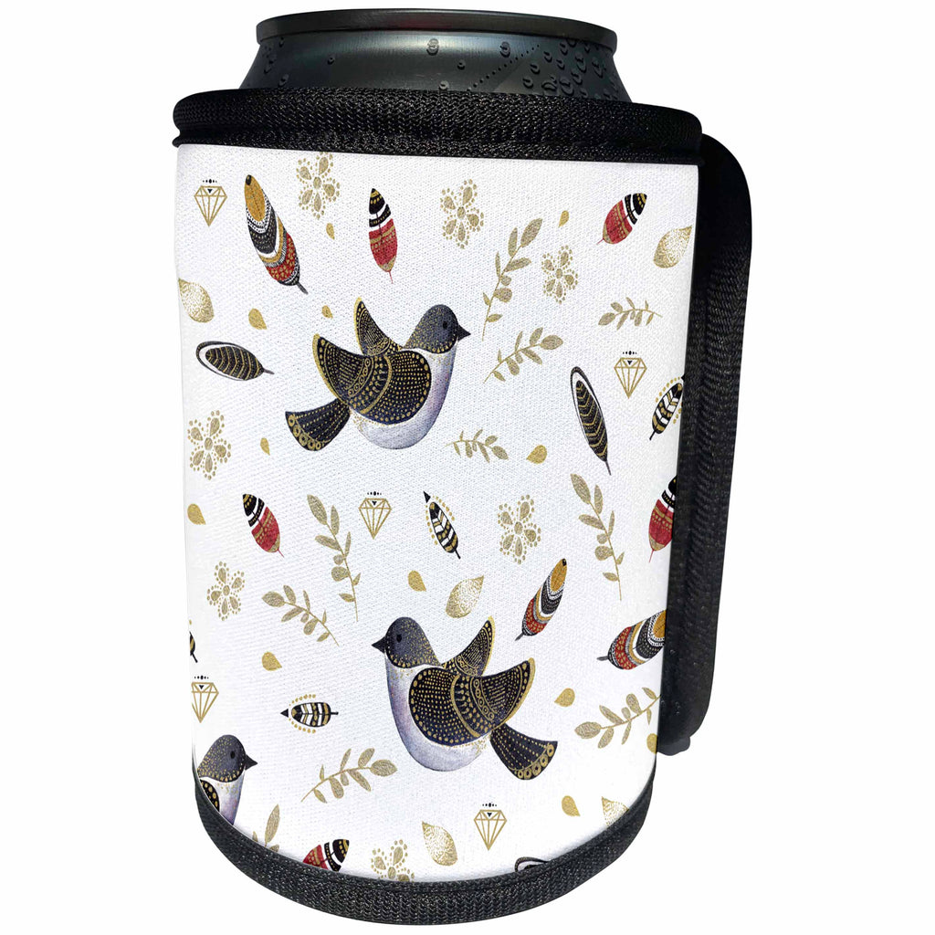 3dRose Anne Marie Baugh - Patterns - Birds, Feathers, and Leaves Boho Pattern - Can Cooler Bottle Wrap (cc_254925)