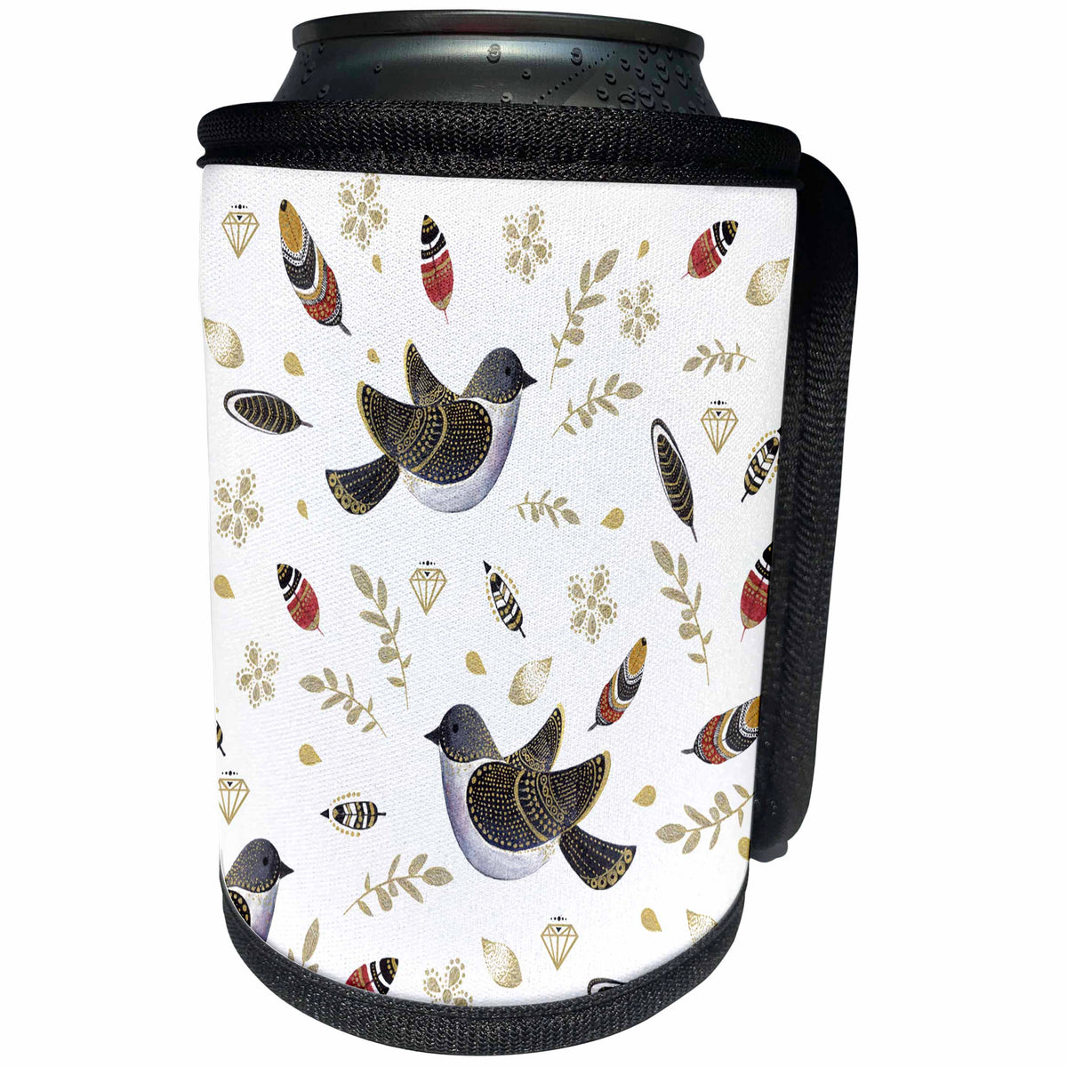 3dRose Anne Marie Baugh - Patterns - Birds, Feathers, and Leaves Boho Pattern - Can Cooler Bottle Wrap (cc_254925)