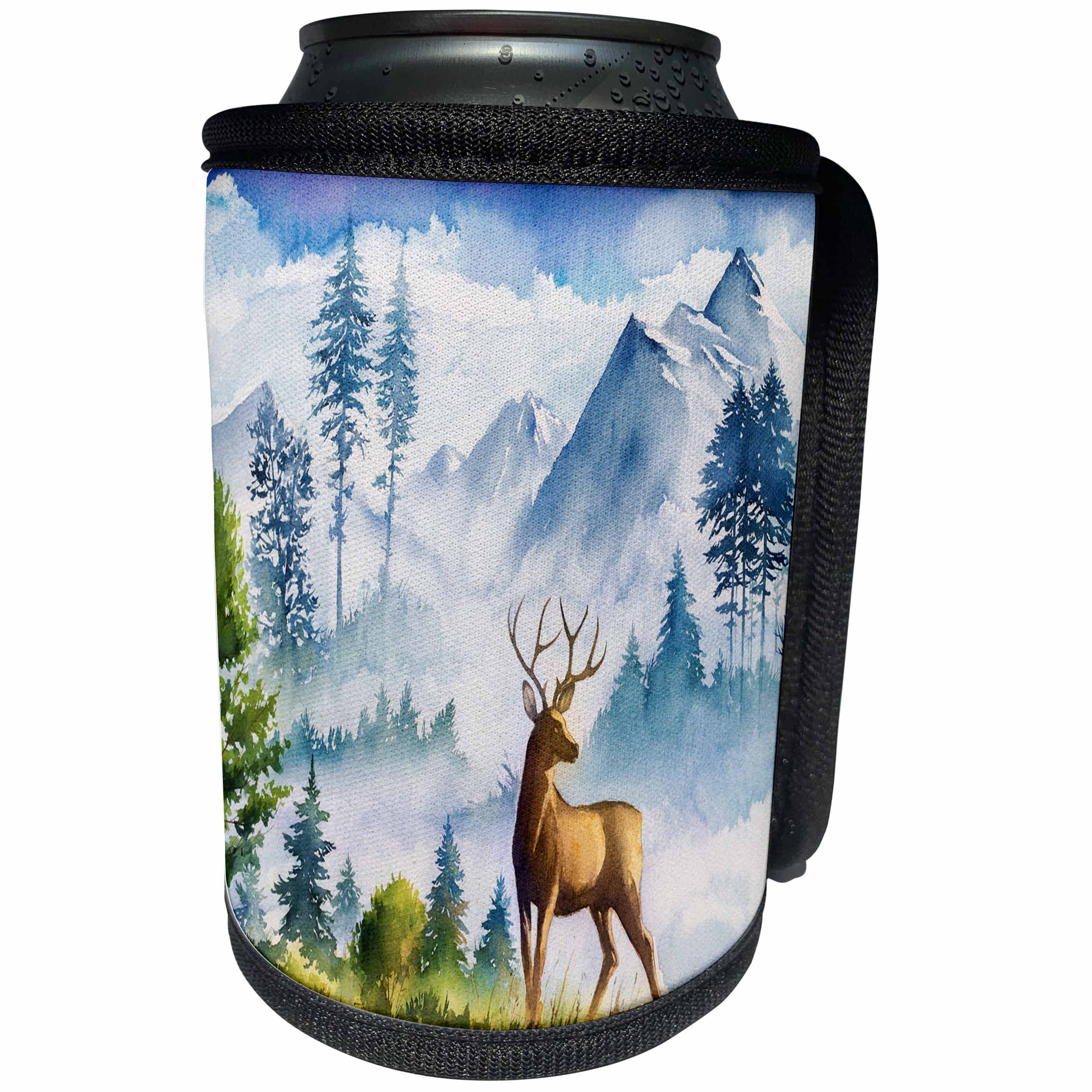 3dRose Anne Marie Baugh - Watercolor Scenes - Watercolor Winter Mountain Scene With A Deer - Can Cooler Bottle Wrap (cc_255021)