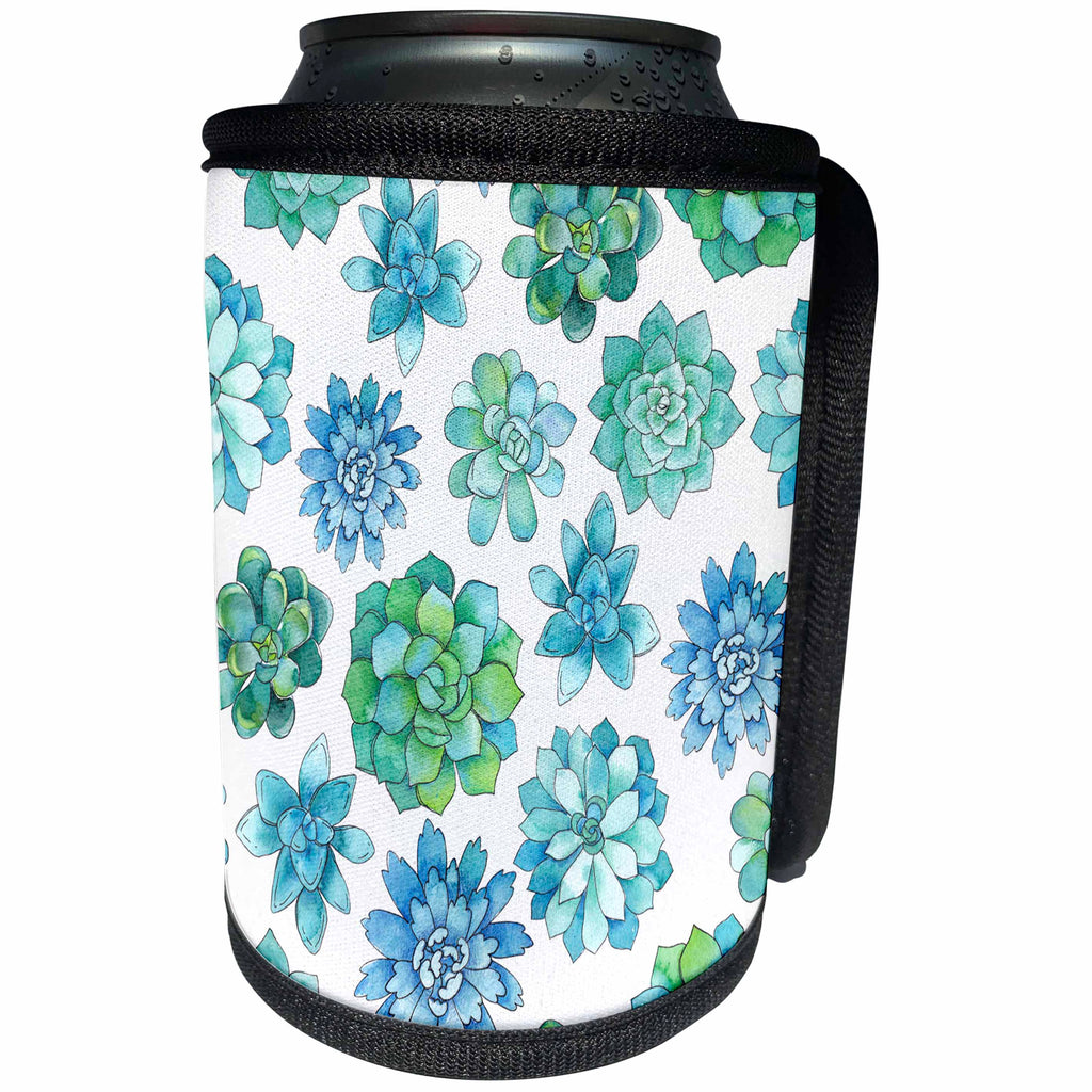 3dRose Anne Marie Baugh - Patterns - Blue and Green Succulent Flowers Pattern - Can Cooler Bottle Wrap (cc_255029)