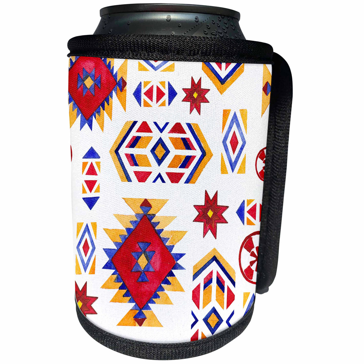 3dRose Anne Marie Baugh - Patterns - Red, Yellow, Blue Tribal Designs Pattern - Can Cooler Bottle Wrap (cc_255031)