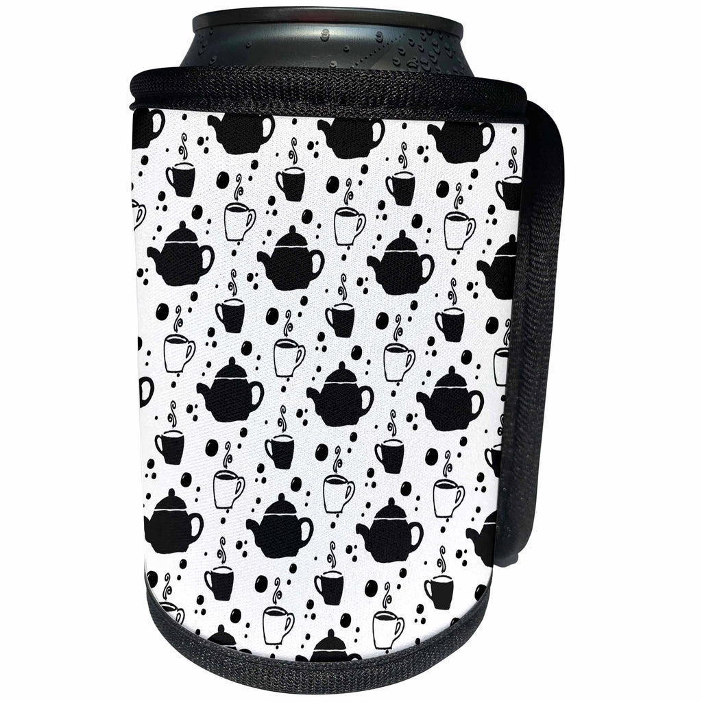 3dRose Anne Marie Baugh - Patterns - Black and White Coffee Pots and Coffee Cups Patterns - Can Cooler Bottle Wrap (cc_255036)
