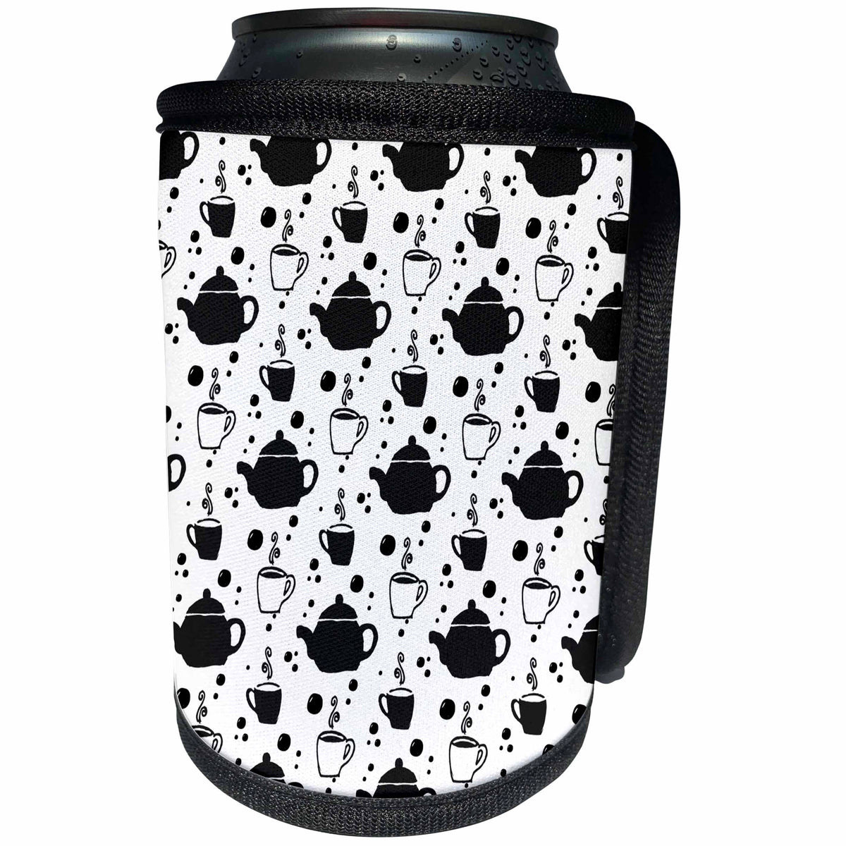 3dRose Anne Marie Baugh - Patterns - Black and White Coffee Pots and Coffee Cups Patterns - Can Cooler Bottle Wrap (cc_255036)