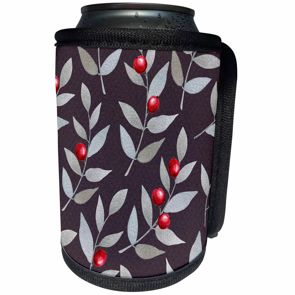 3dRose Anne Marie Baugh - Patterns - Gray and Berry Leaves Pattern On Black - Can Cooler Bottle Wrap (cc_255052)
