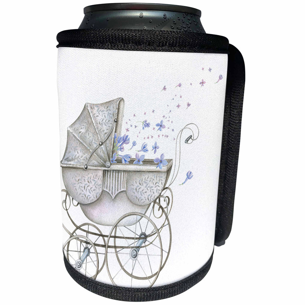 3dRose Anne Marie Baugh - Illustrations - Cute Gray Stroller Pram With Pretty Blue Flowers - Can Cooler Bottle Wrap (cc_255055)