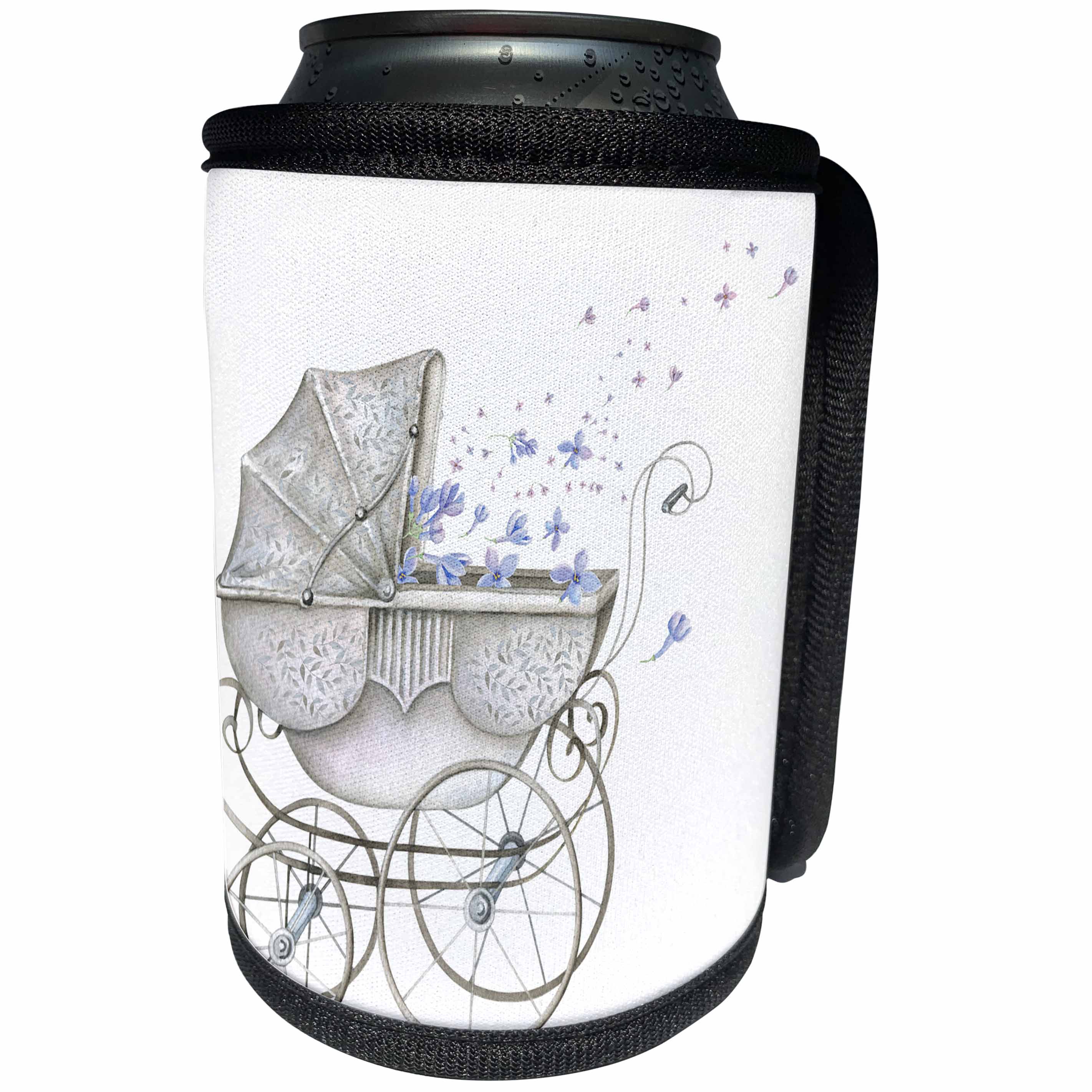 3dRose Anne Marie Baugh - Illustrations - Cute Gray Stroller Pram With Pretty Blue Flowers - Can Cooler Bottle Wrap (cc_255055)