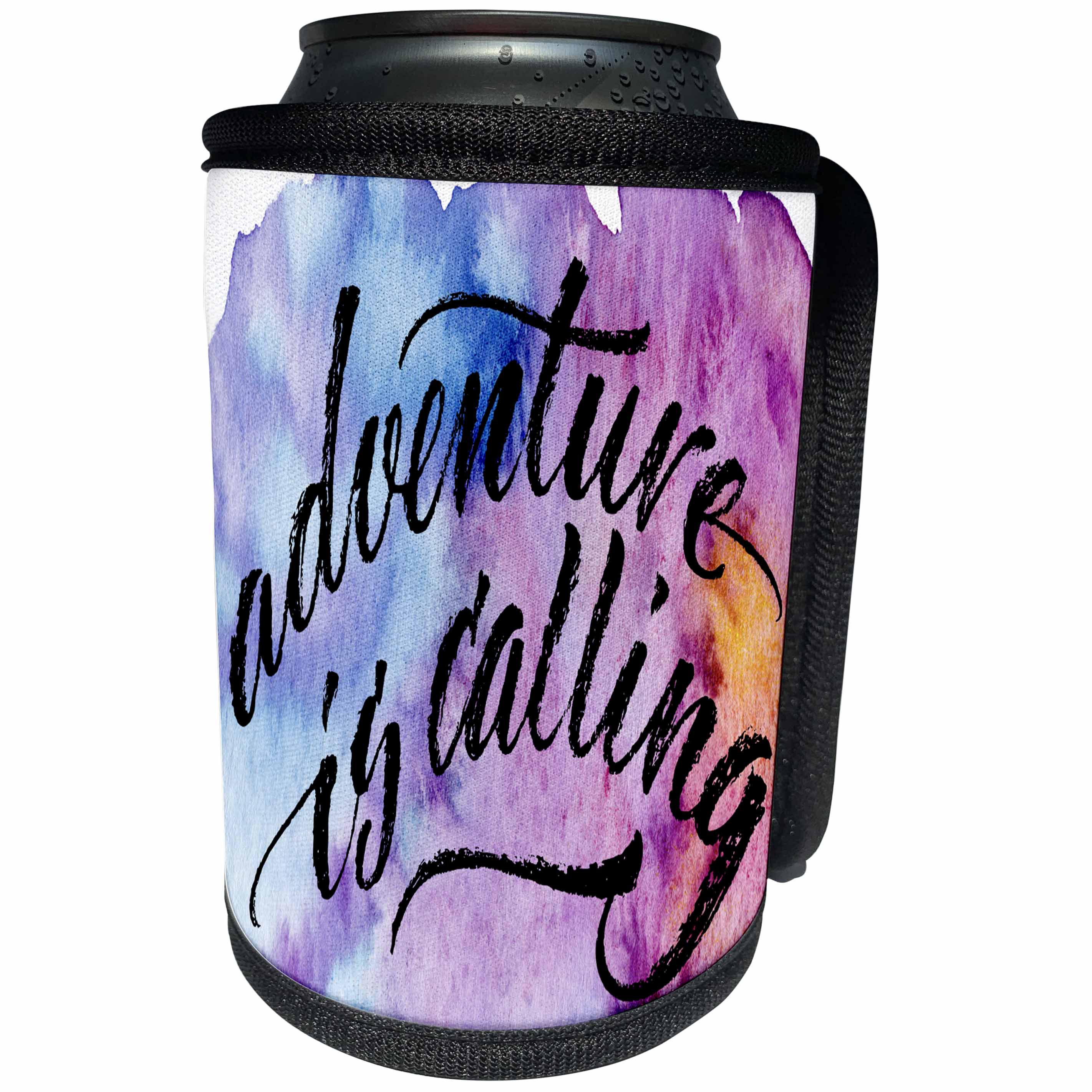 3dRose Anne Marie Baugh - Quotes - Adventure is Calling On A Blue and Purple Watercolor Background - Can Cooler Bottle Wrap (cc_255063)