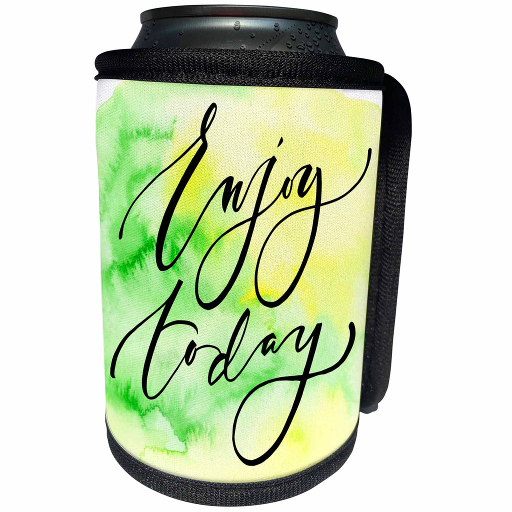 3dRose Anne Marie Baugh - Quotes - Enjoy Today On A Green and Yellow Watercolor Background - Can Cooler Bottle Wrap (cc_255068)
