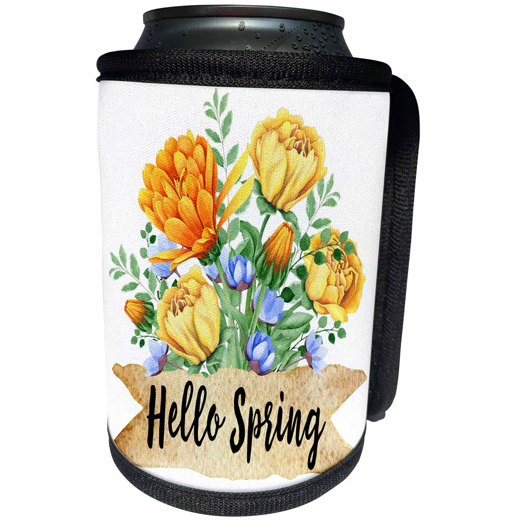 3dRose Anne Marie Baugh - Quotes - Hello Spring On A Orange and Yellow Floral Illustration - Can Cooler Bottle Wrap (cc_255071)