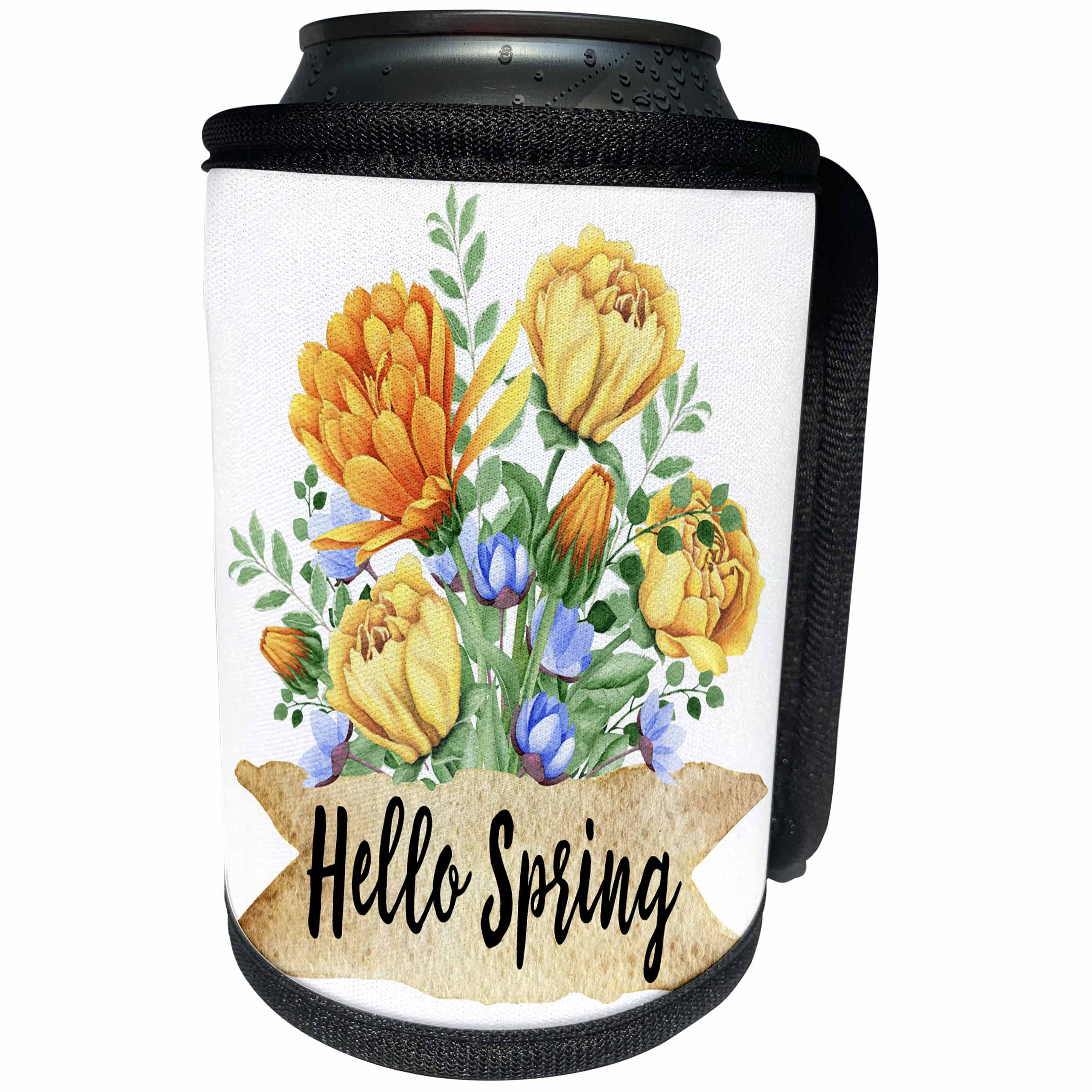 3dRose Anne Marie Baugh - Quotes - Hello Spring On A Orange and Yellow Floral Illustration - Can Cooler Bottle Wrap (cc_255071)