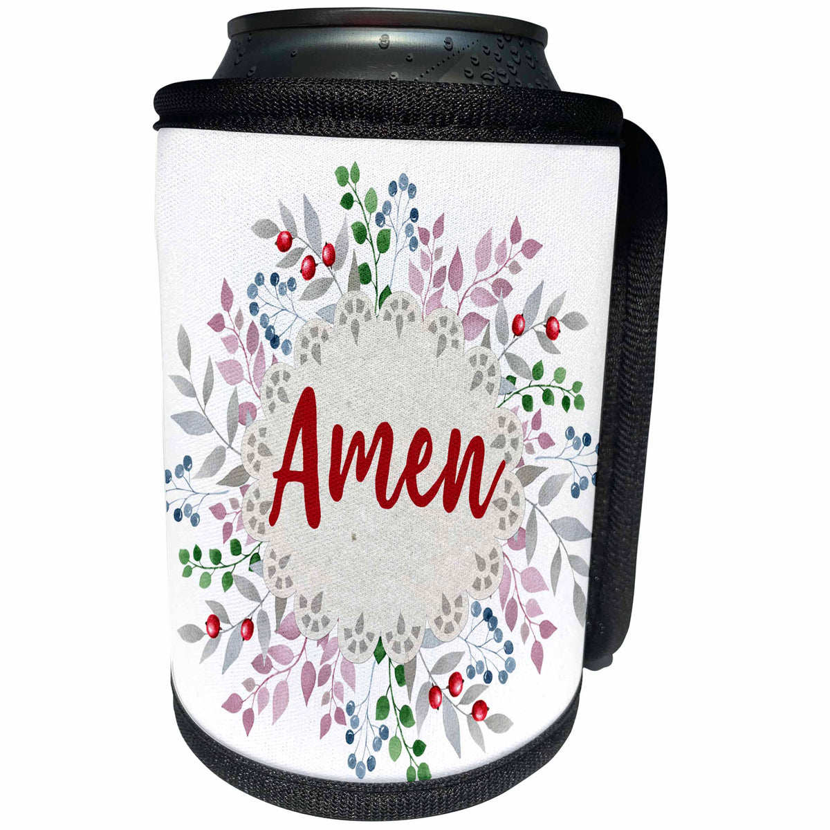 3dRose Anne Marie Baugh - Quotes - Pretty Cursive Amen On A Berry Floral Illustration - Can Cooler Bottle Wrap (cc_255072)
