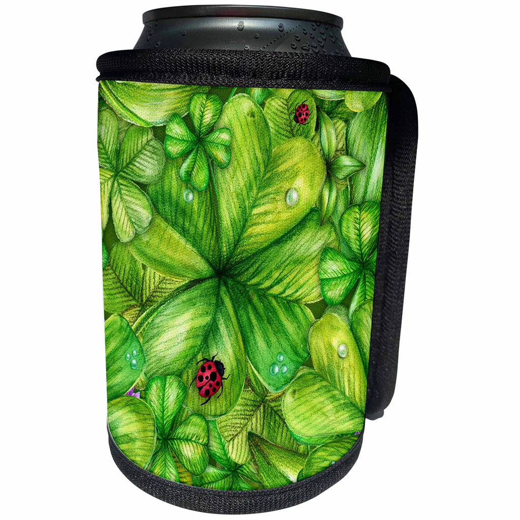 3dRose Anne Marie Baugh - Patterns - Green Four Leaf Clovers and Red Lady Bugs Pattern - Can Cooler Bottle Wrap (cc_255079)