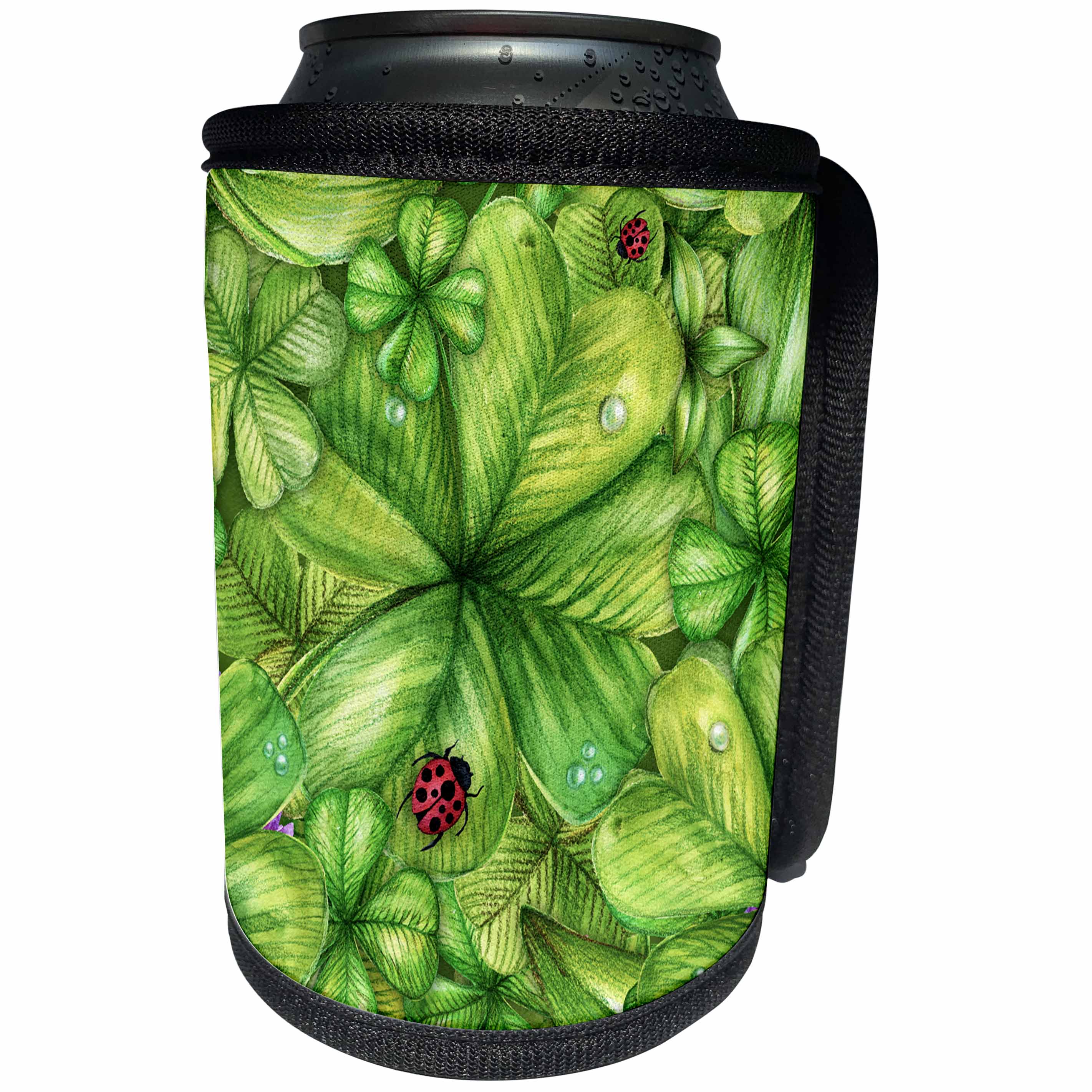 3dRose Anne Marie Baugh - Patterns - Green Four Leaf Clovers and Red Lady Bugs Pattern - Can Cooler Bottle Wrap (cc_255079)