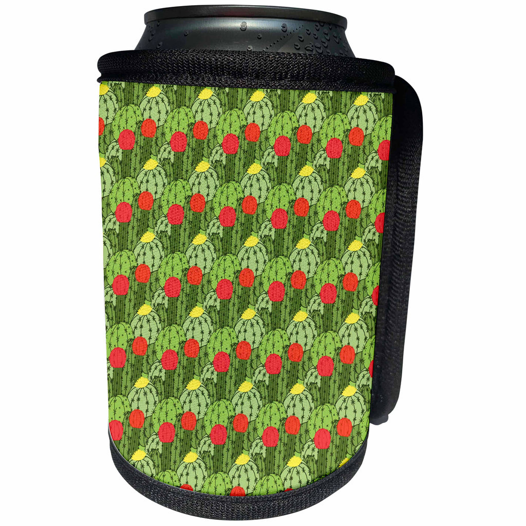 3dRose Anne Marie Baugh - Patterns - Cute Green and Red Cactus Pattern - Can Cooler Bottle Wrap (cc_255083)