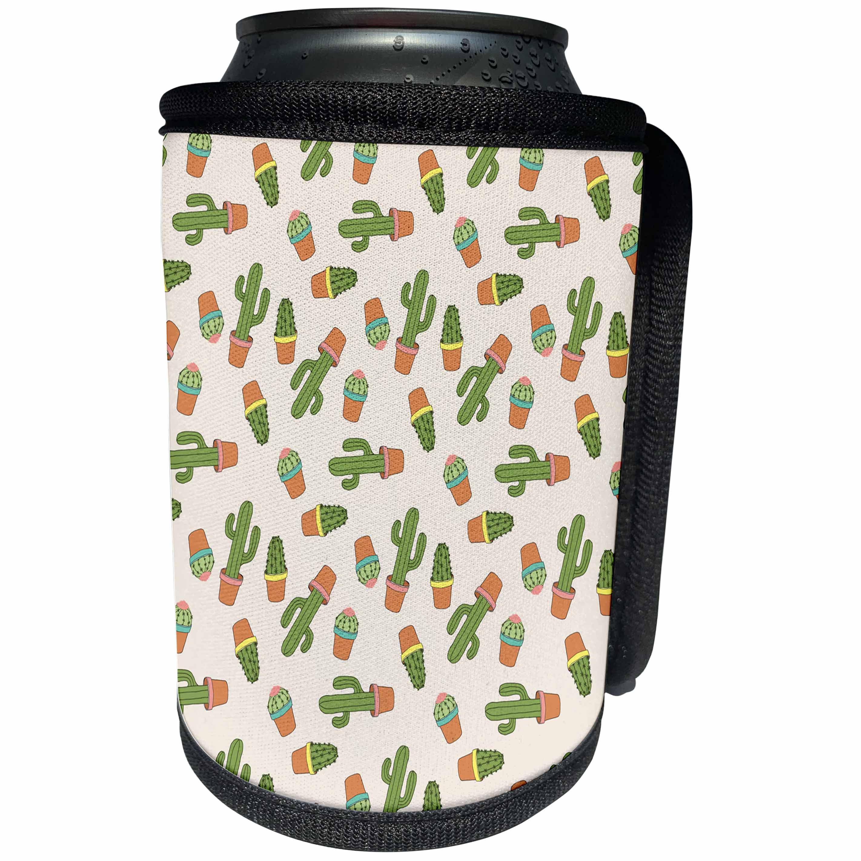 3dRose Anne Marie Baugh - Patterns - Cute Green Potted Cactus Pattern - Can Cooler Bottle Wrap (cc_255084)