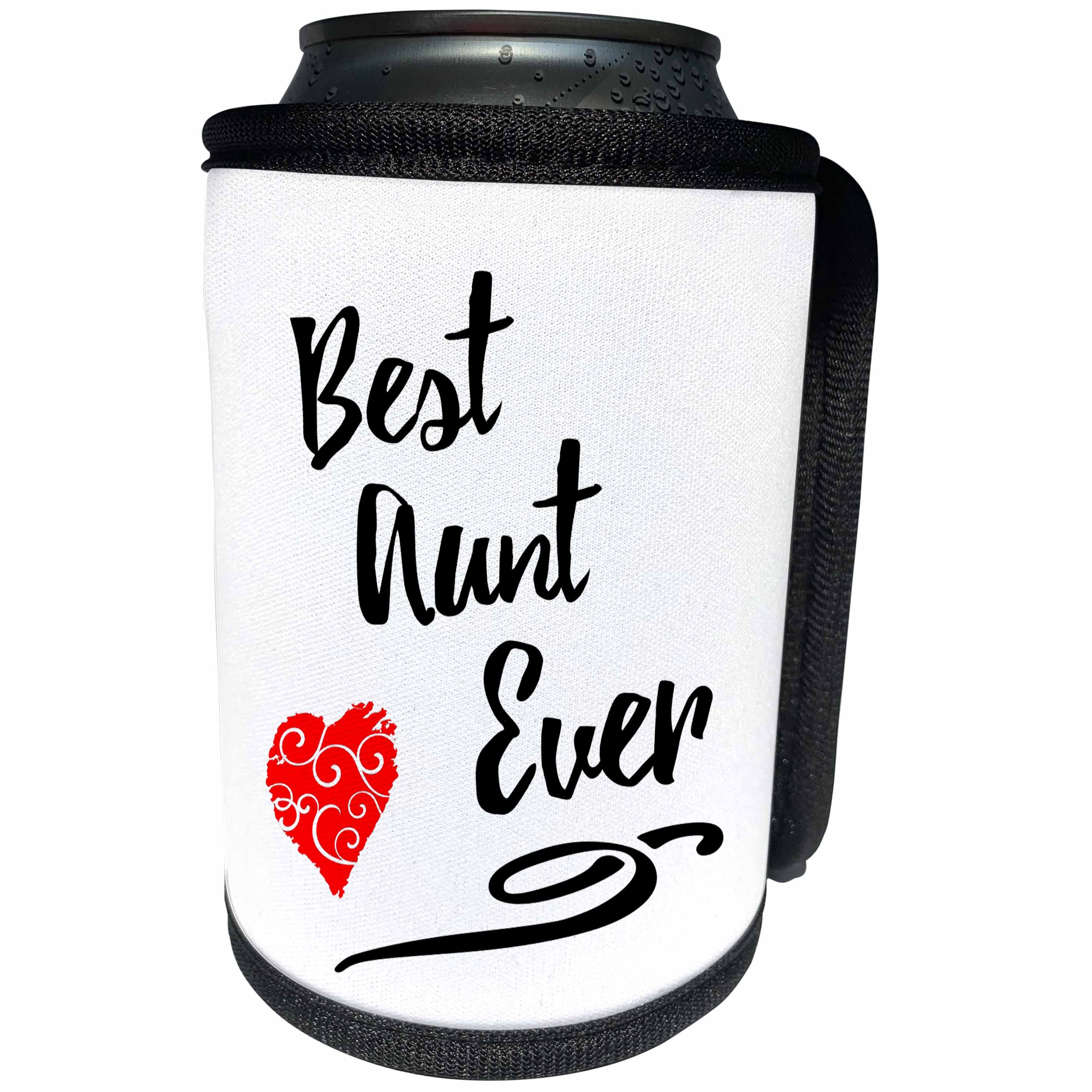 3dRose Russ Billington Designs - Typography Design- Best Aunt Ever with Red Swirly heart - Can Cooler Bottle Wrap (cc_255092)