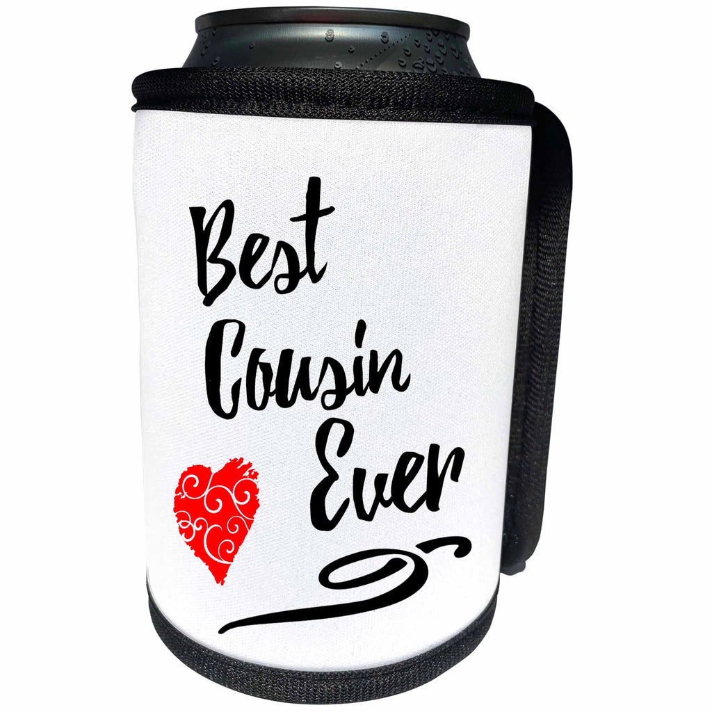 3dRose Russ Billington Designs - Best Cousin Ever design with Red Swirly heart - Can Cooler Bottle Wrap (cc_255094)