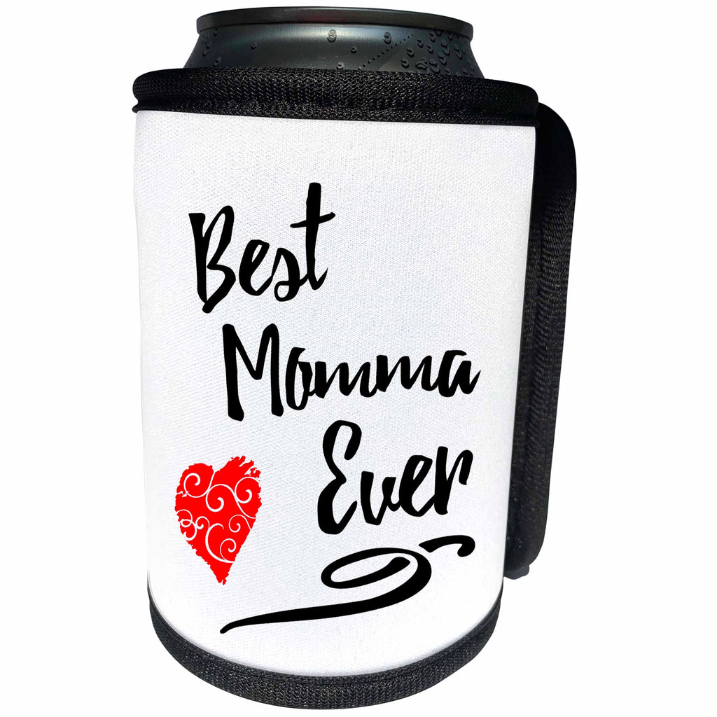 3dRose Russ Billington Designs - Best Momma Ever design with Red Swirly heart - Can Cooler Bottle Wrap (cc_255102)