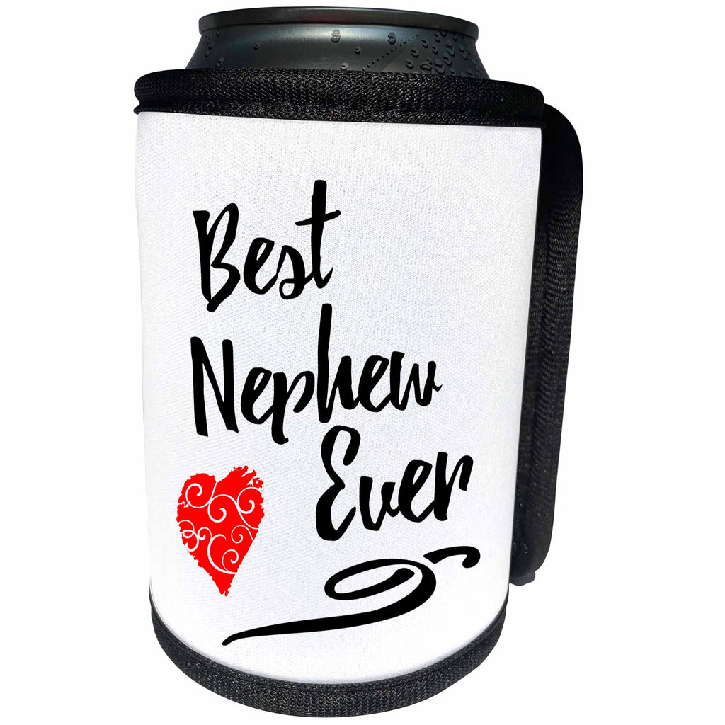 3dRose Russ Billington Designs - Best Nephew Ever- Typographic design with red swirly heart - Can Cooler Bottle Wrap (cc_255104)