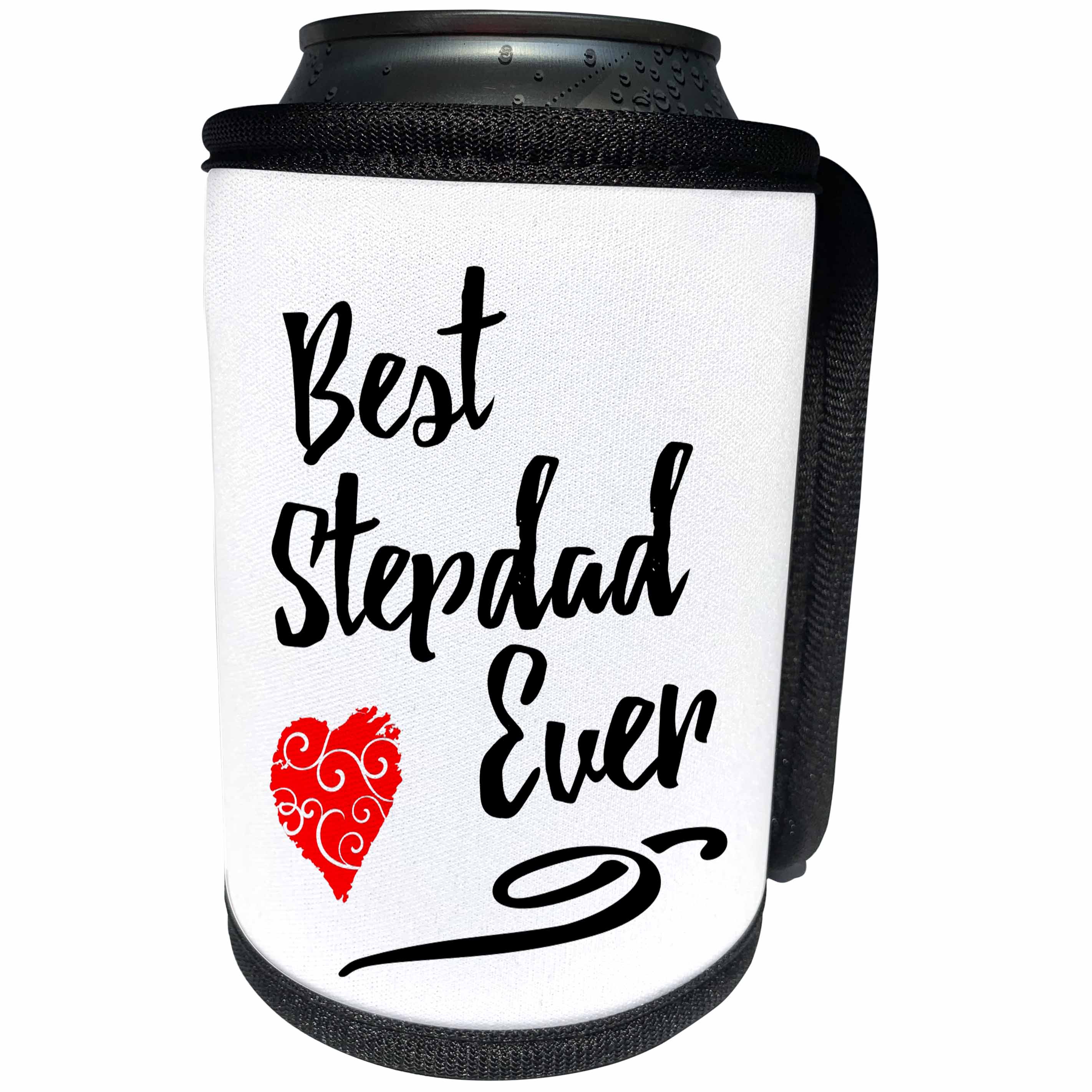 3dRose Russ Billington Designs - Best Stepdad Ever- Typographic design with red swirly heart - Can Cooler Bottle Wrap (cc_255106)