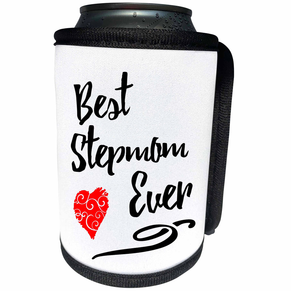 3dRose Russ Billington Designs - Best Stepmom Ever- Typographic design with red swirly heart - Can Cooler Bottle Wrap (cc_255107)