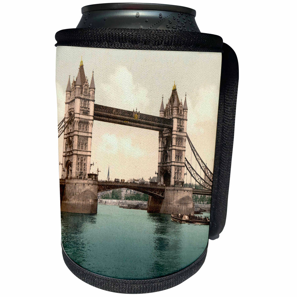 3dRose Russ Billington Designs- Old England Photographs - Tower Bridge- Bridge Lowered- London- Vintage Photograph - Can Cooler Bottle Wrap (cc_255120)