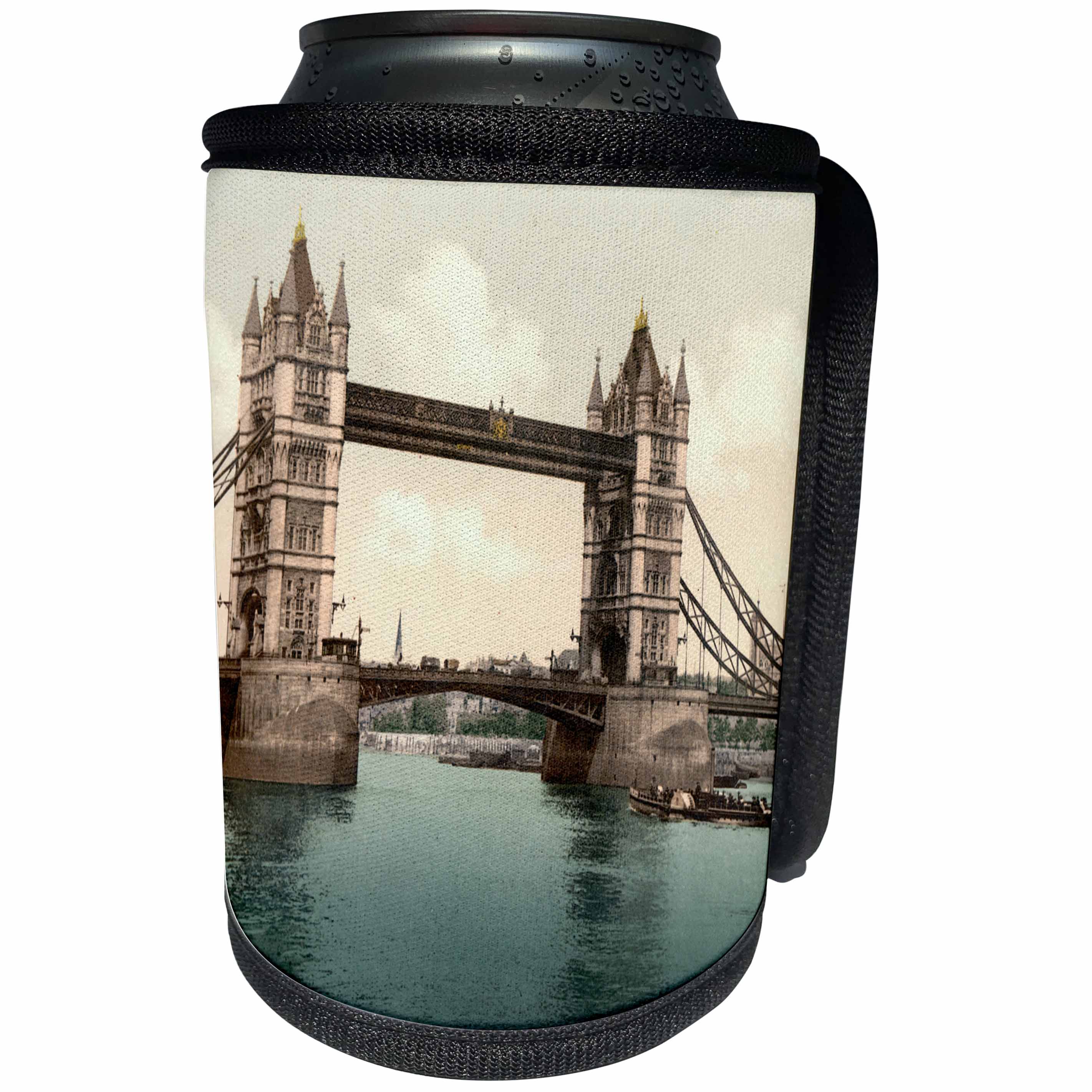 3dRose Russ Billington Designs- Old England Photographs - Tower Bridge- Bridge Lowered- London- Vintage Photograph - Can Cooler Bottle Wrap (cc_255120)