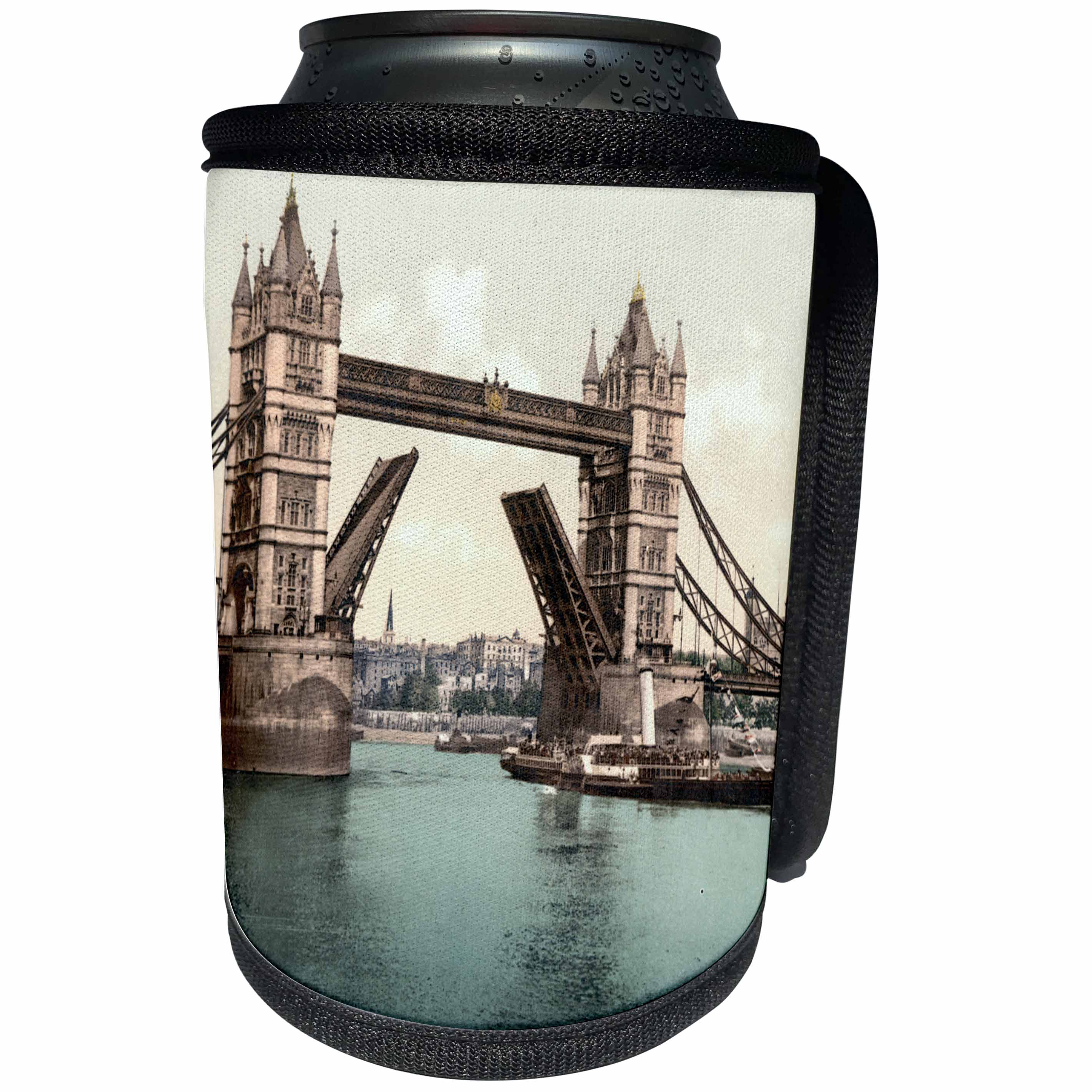 3dRose Russ Billington Designs- Old England Photographs - Tower Bridge- Bridge Raised- London- Vintage Photograph - Can Cooler Bottle Wrap (cc_255121)