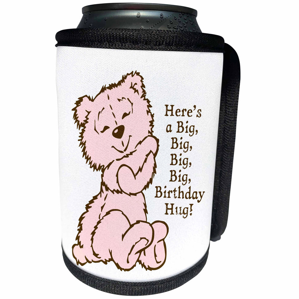 3dRose Russ Billington Teddy Bears - Pink Teddy Bear Birthday Hugs Illustration - Can Cooler Bottle Wrap (cc_255131)