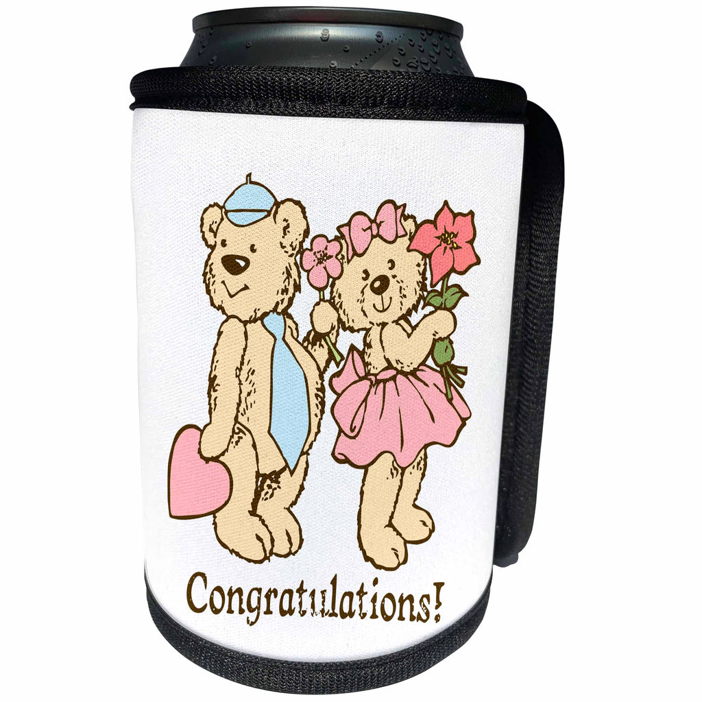 3dRose Russ Billington Teddy Bears - Boy and Girl Teddy Bears Congratulations Illustration - Can Cooler Bottle Wrap (cc_255136)