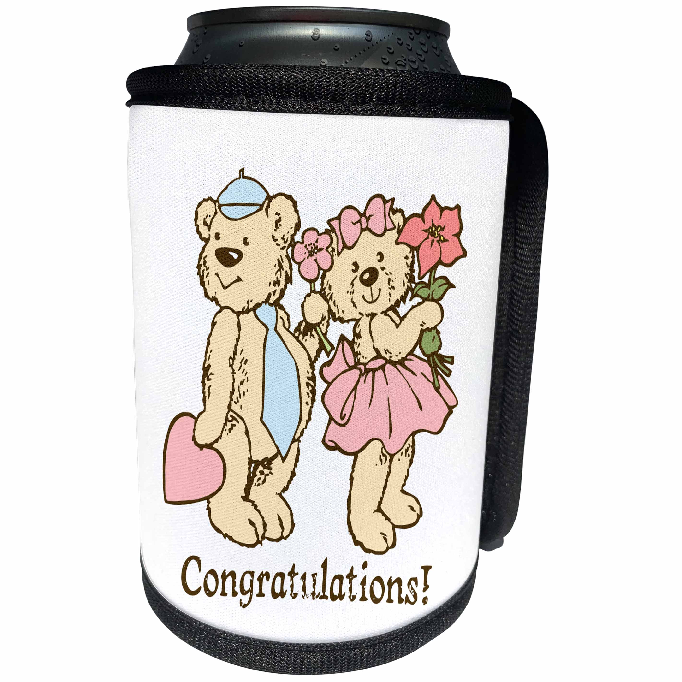 3dRose Russ Billington Teddy Bears - Boy and Girl Teddy Bears Congratulations Illustration - Can Cooler Bottle Wrap (cc_255136)