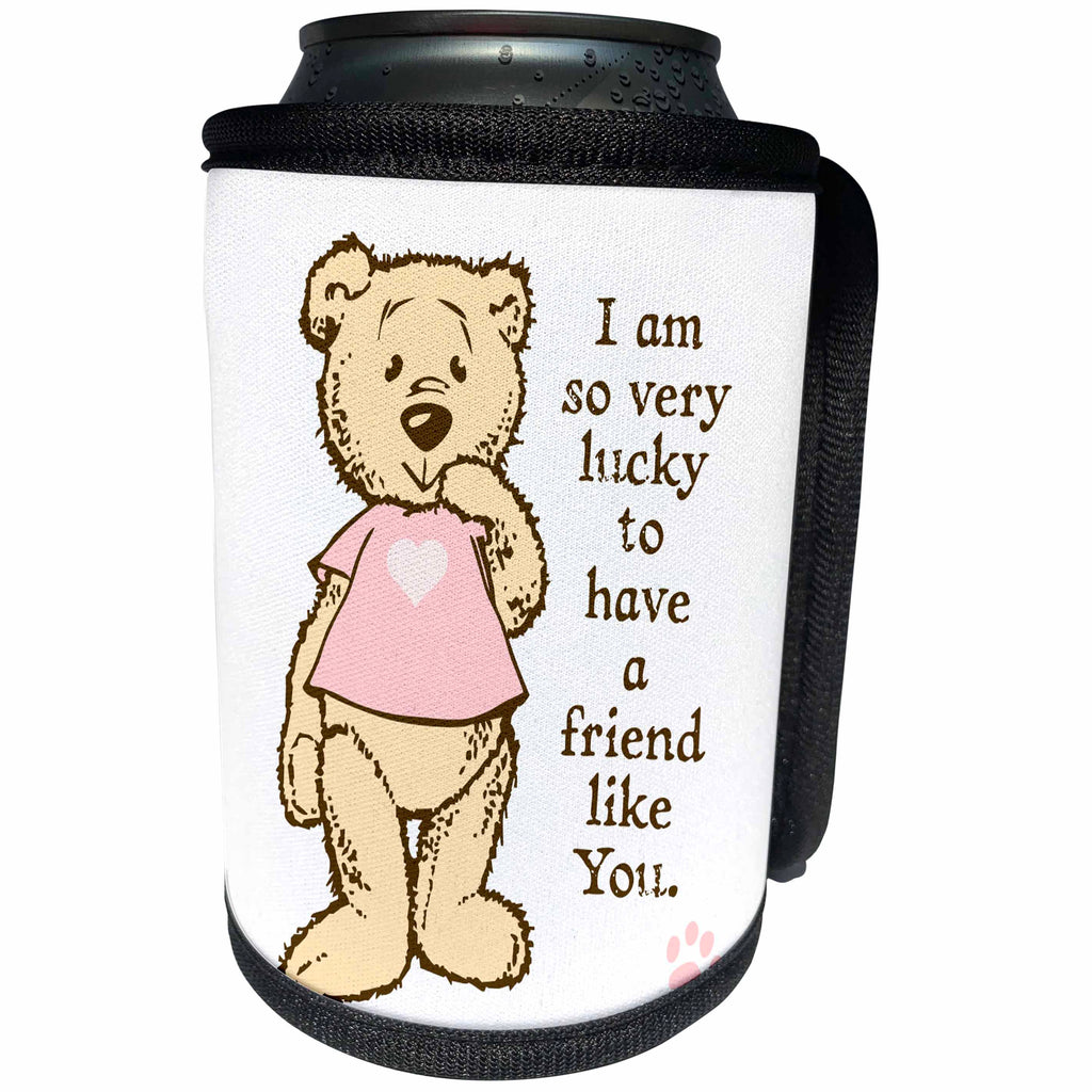 3dRose Russ Billington Teddy Bears - Cute Teddy Bear with Pink Shirt Friendship Illustration - Can Cooler Bottle Wrap (cc_255141)