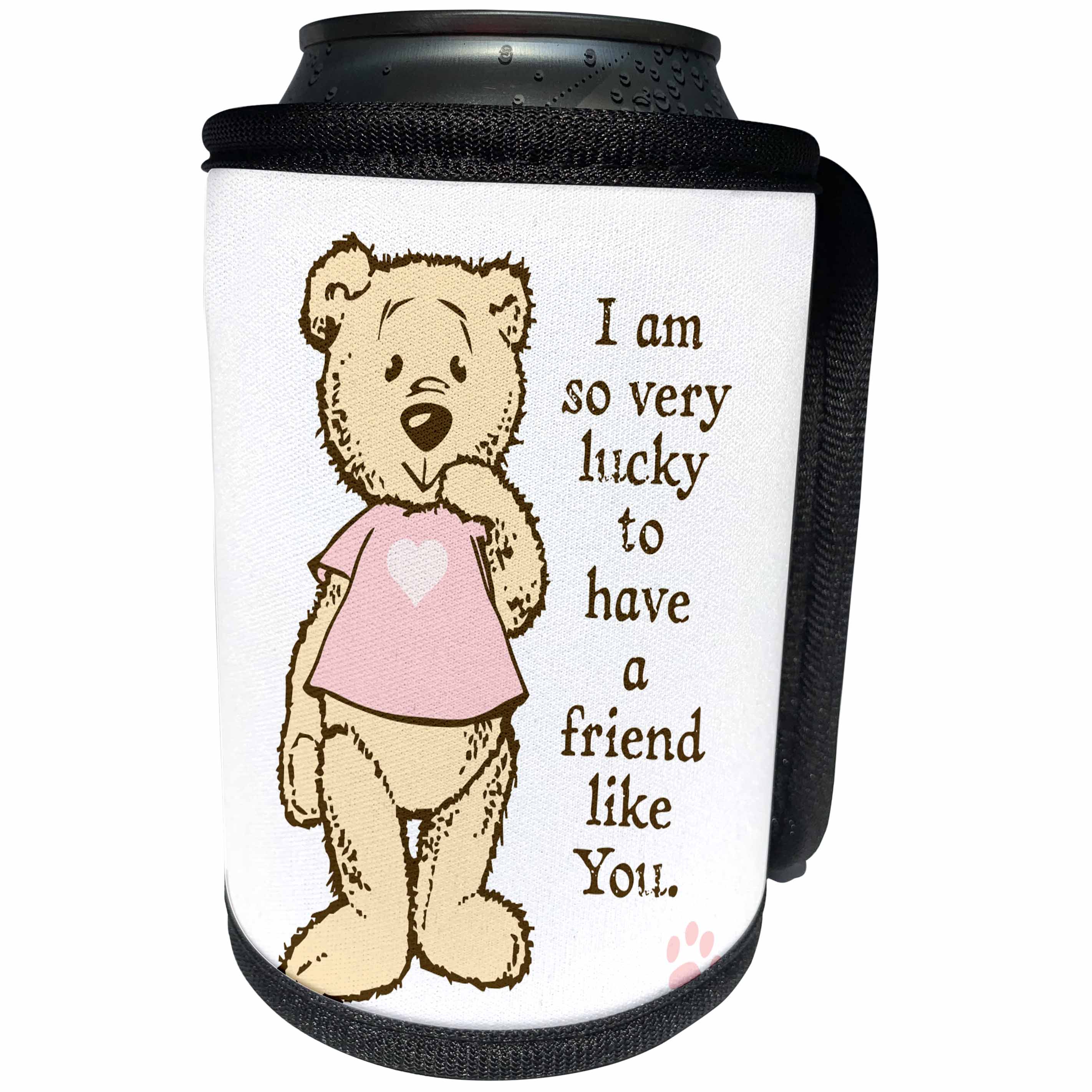 3dRose Russ Billington Teddy Bears - Cute Teddy Bear with Pink Shirt Friendship Illustration - Can Cooler Bottle Wrap (cc_255141)