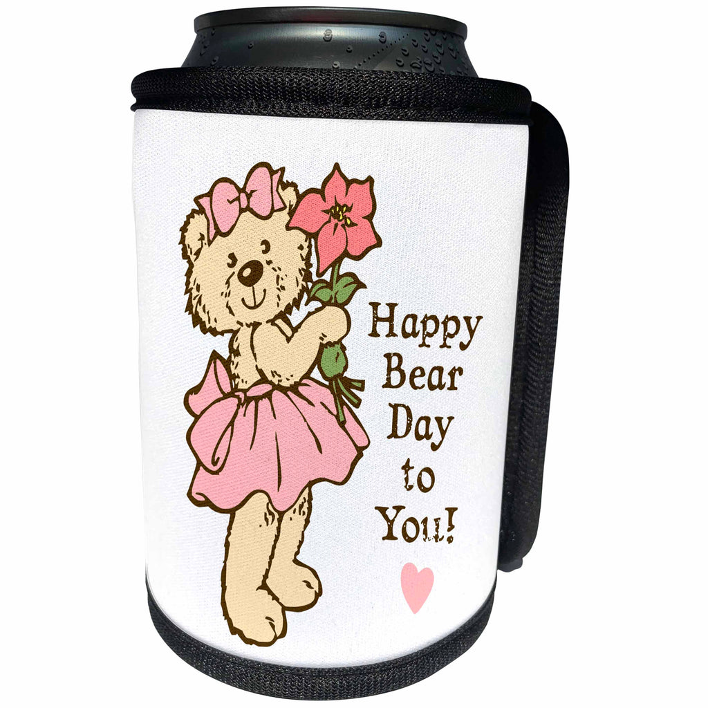 3dRose Russ Billington Teddy Bears - Cute Girly Teddy Bear with Pink Dress and Ribbon Illustration - Can Cooler Bottle Wrap (cc_255144)