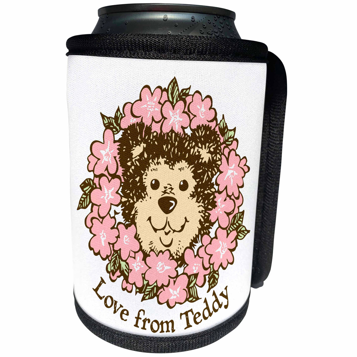 3dRose Russ Billington Teddy Bears - Love From Teddy- Gorgeous Teddy Surrounded by Pink Flowers - Can Cooler Bottle Wrap (cc_255155)