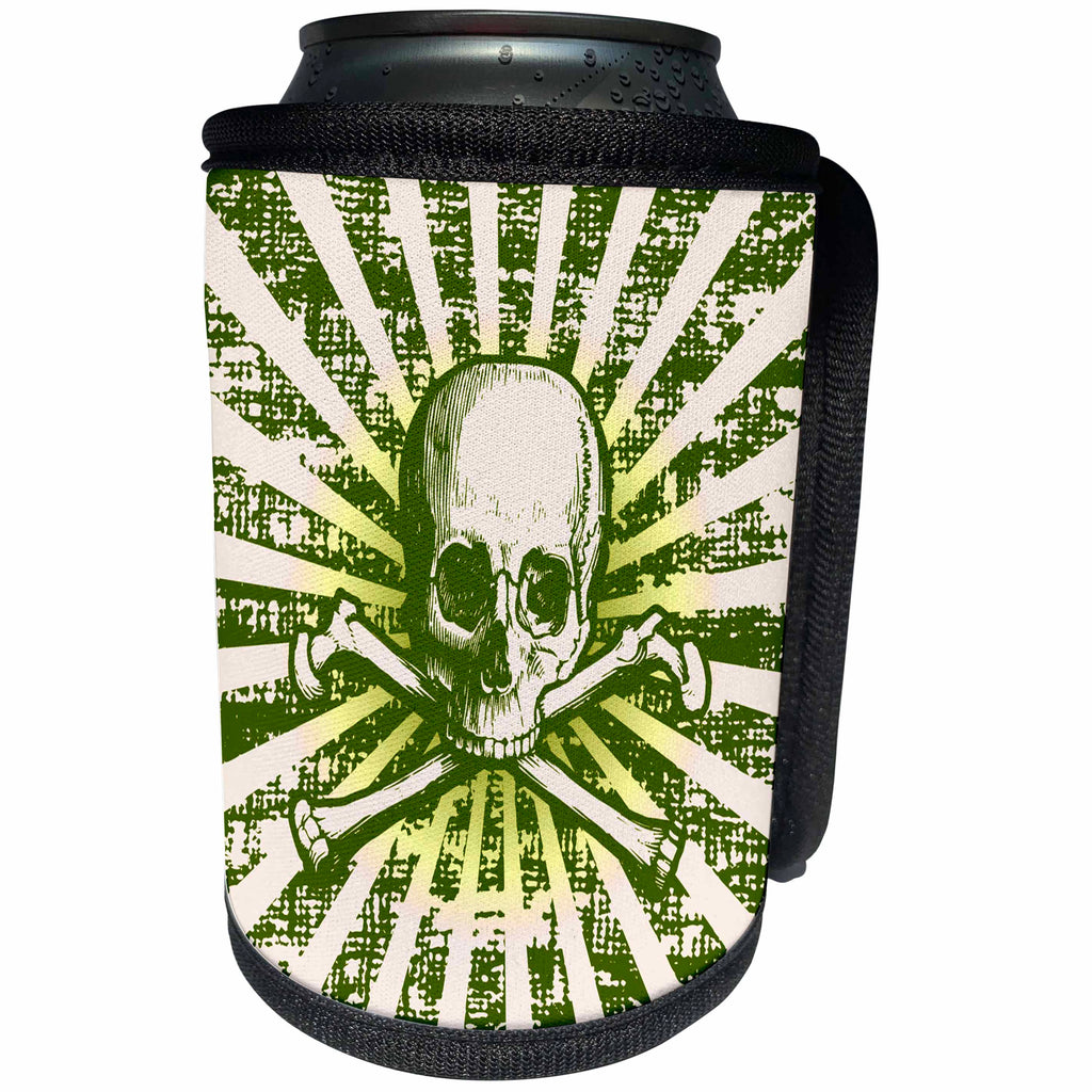 3dRose Russ Billington Designs - Skull and Crossbones Sunburst Radial Grunge Design in Green - Can Cooler Bottle Wrap (cc_255198)