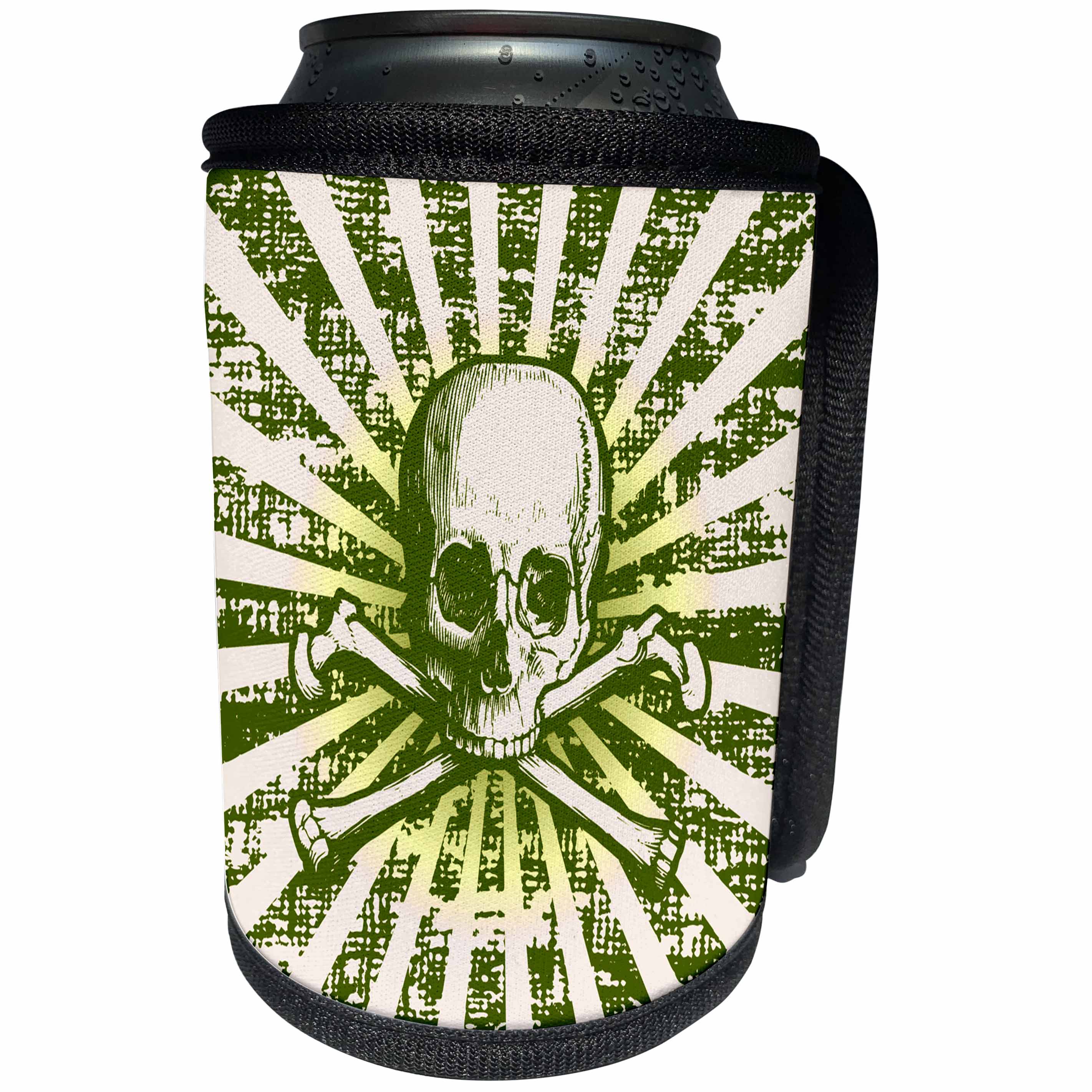 3dRose Russ Billington Designs - Skull and Crossbones Sunburst Radial Grunge Design in Green - Can Cooler Bottle Wrap (cc_255198)