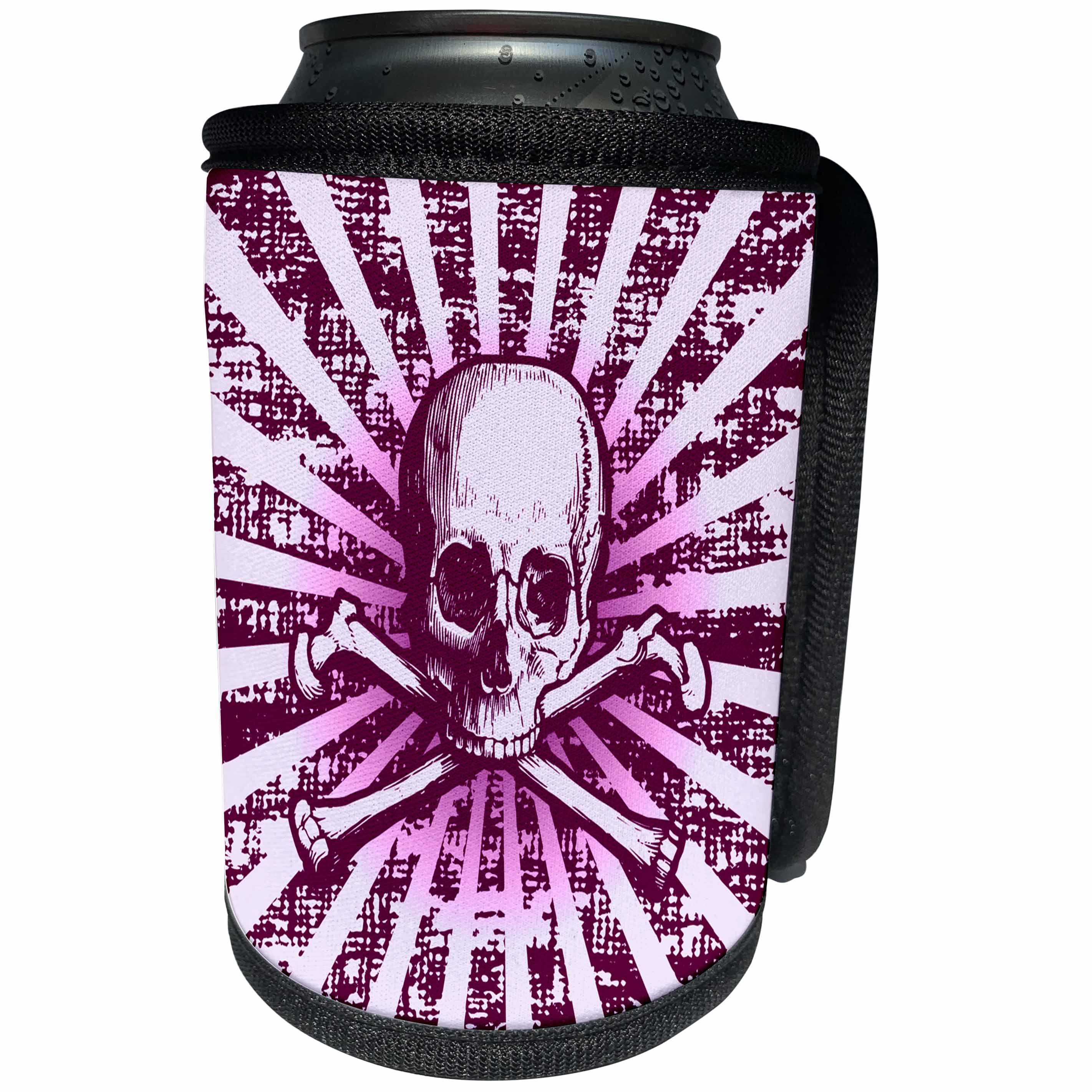 3dRose Russ Billington Designs - Skull and Crossbones Sunburst Radial Grunge Design in Purple - Can Cooler Bottle Wrap (cc_255199)