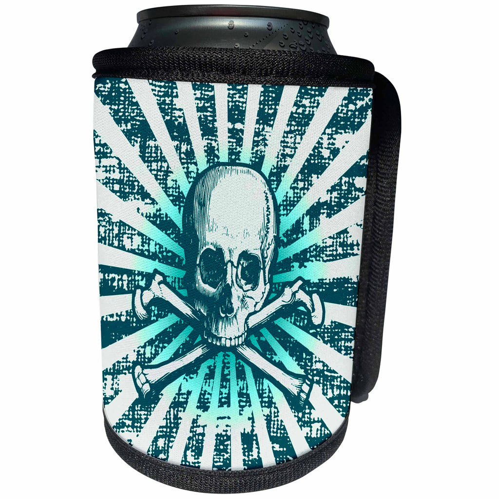 3dRose Russ Billington Designs - Skull and Crossbones Sunburst Radial Grunge Design in Teal - Can Cooler Bottle Wrap (cc_255200)