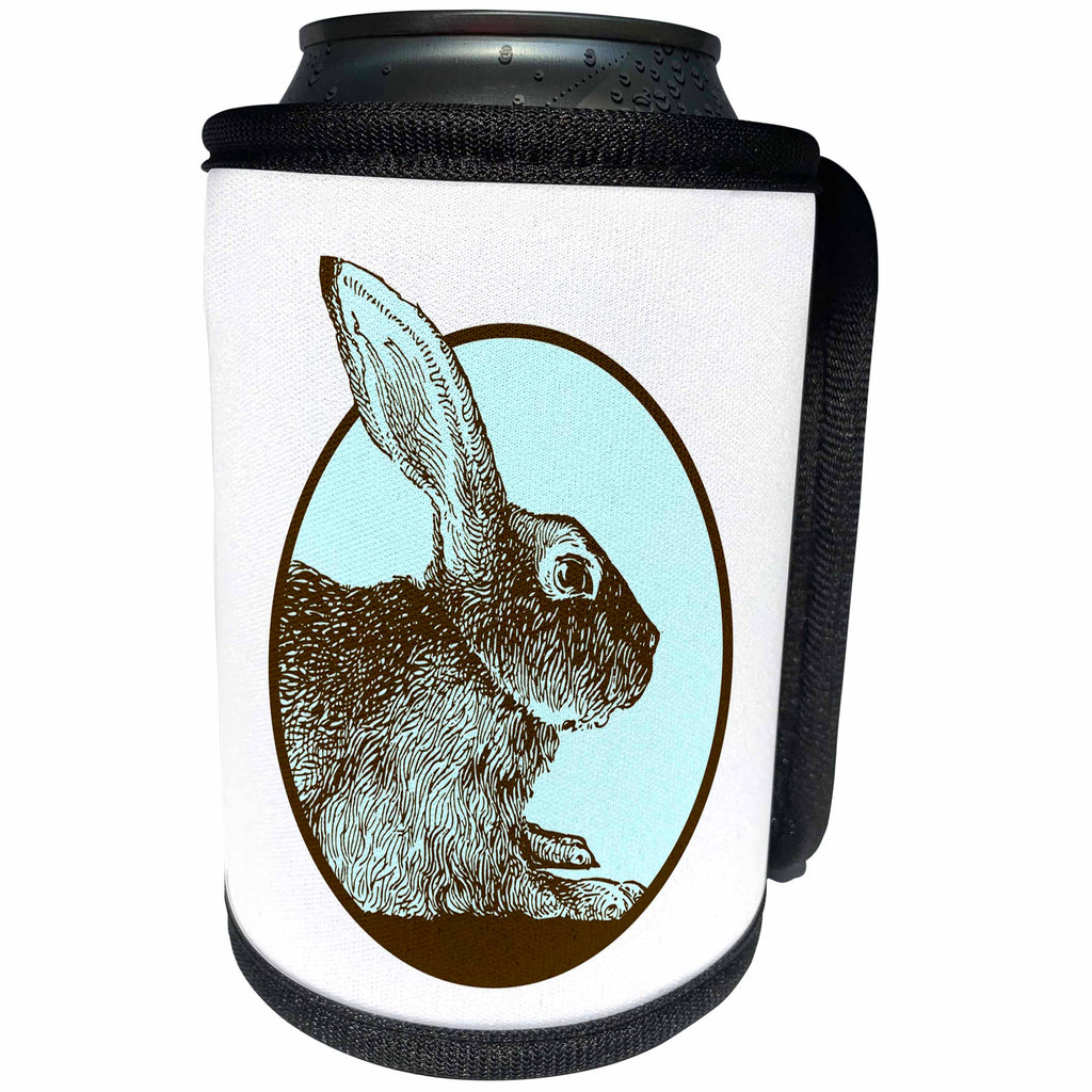 3dRose Russ Billington Designs - Beautiful Brown Hare Illustration in Circle with Blue Background - Can Cooler Bottle Wrap (cc_255202)
